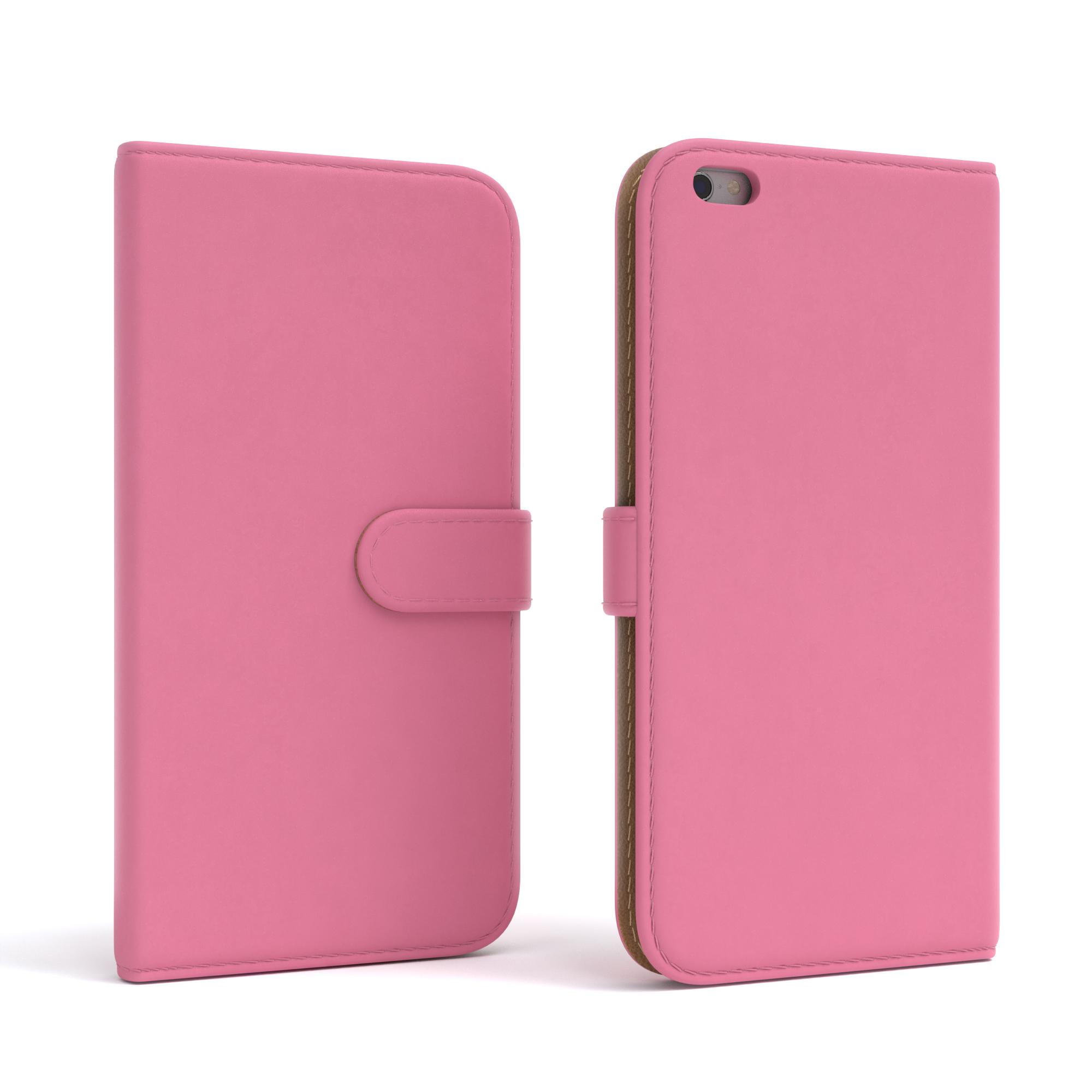 Rosa Brieftaschen-Handyhülle auf weißem Hintergrund geöffnet. Zeigt die Innenseite der Hülle mit dem Telefonschlitz.
