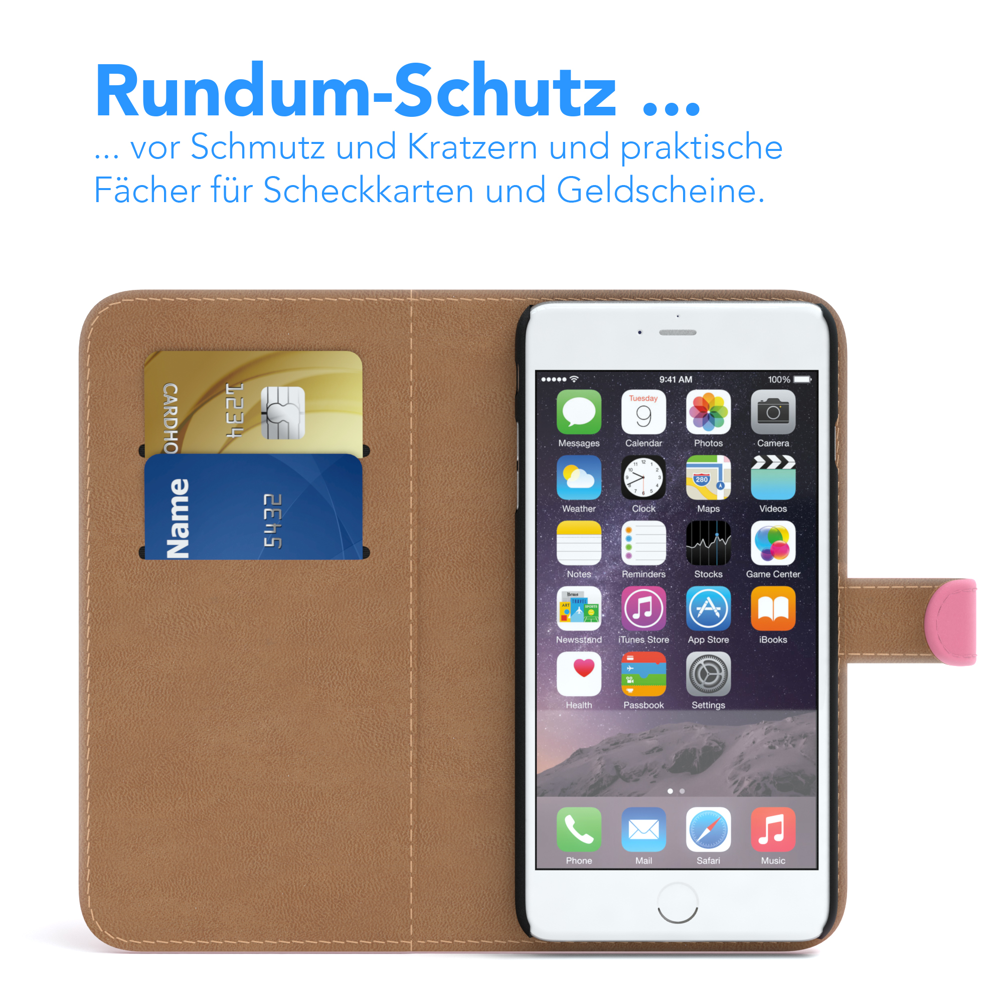 Telefon in brauner Leder-Wallet-Hülle, Kreditkarten und Bargeld sichtbar.
