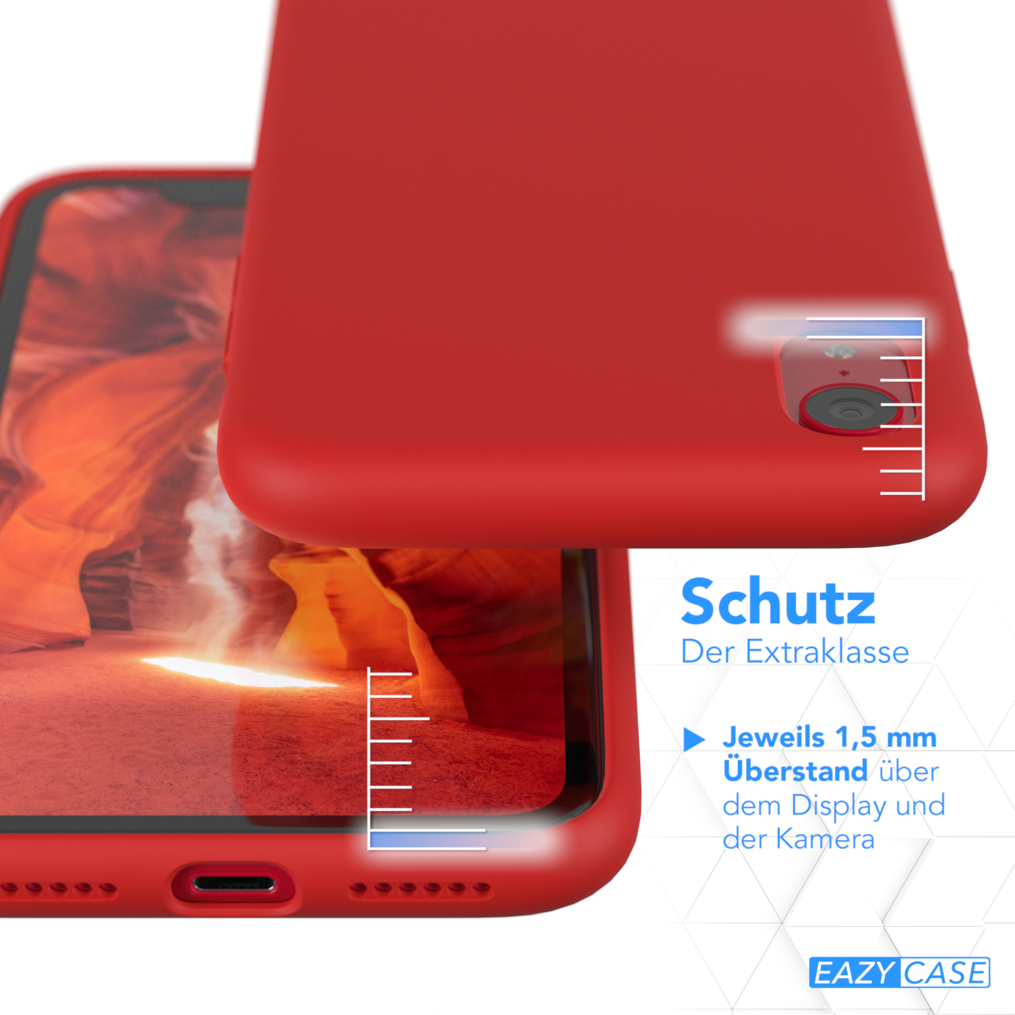 Rote Handyhülle, Schutz zeigend. Nahaufnahme der Hülle mit dem Display.
