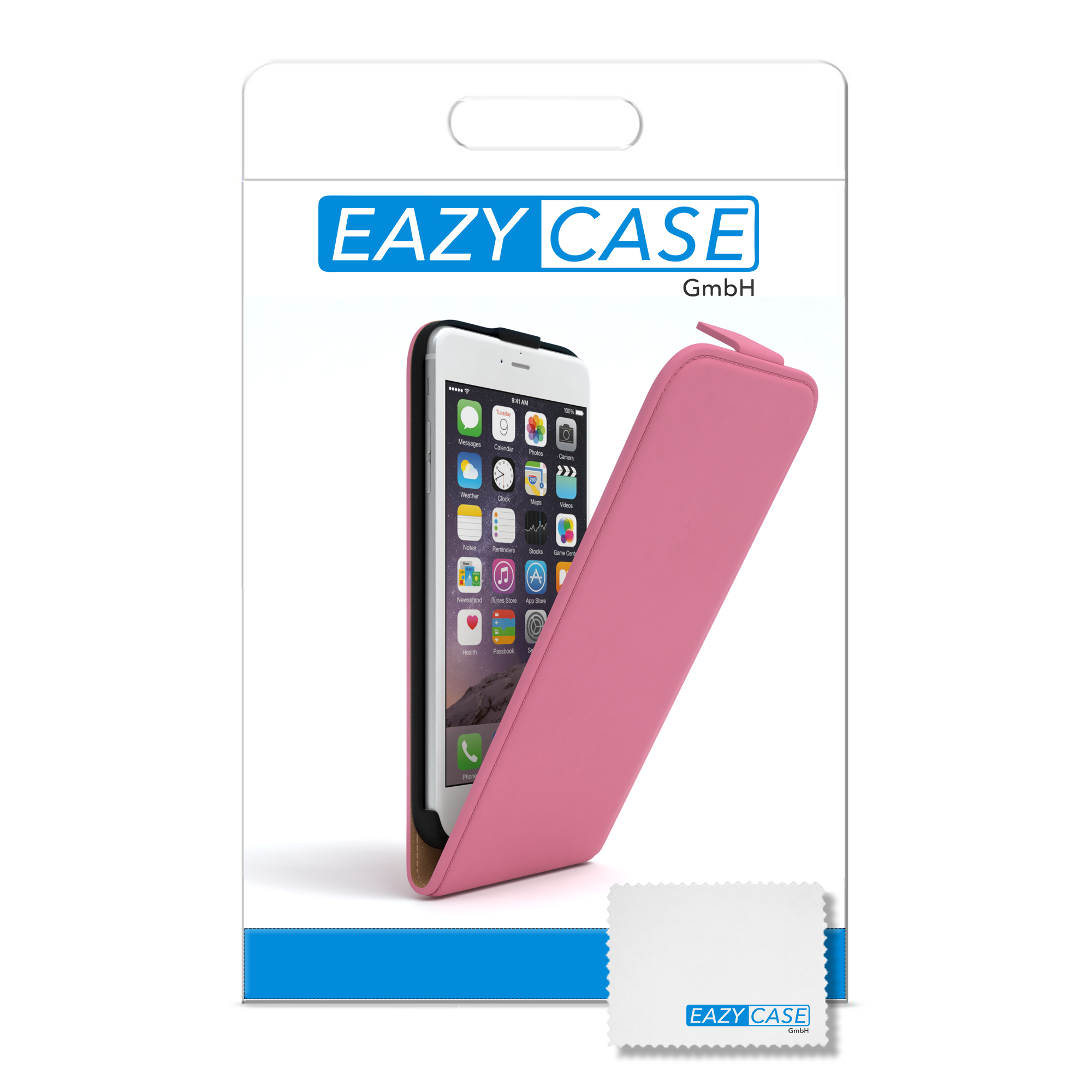 Eine rosa Handyhülle mit einem Telefon darin und einem Reinigungstuch.