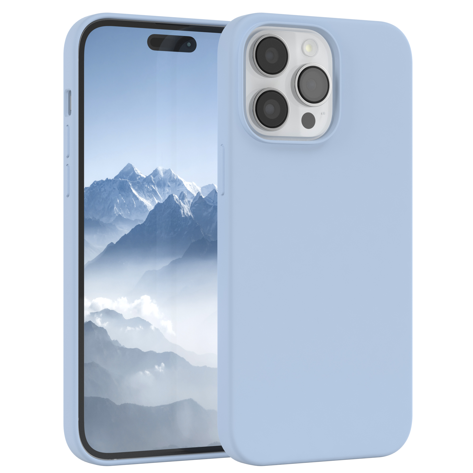 Hellblaue Handyhülle mit einem Handy, das eine Berglandschaft zeigt.