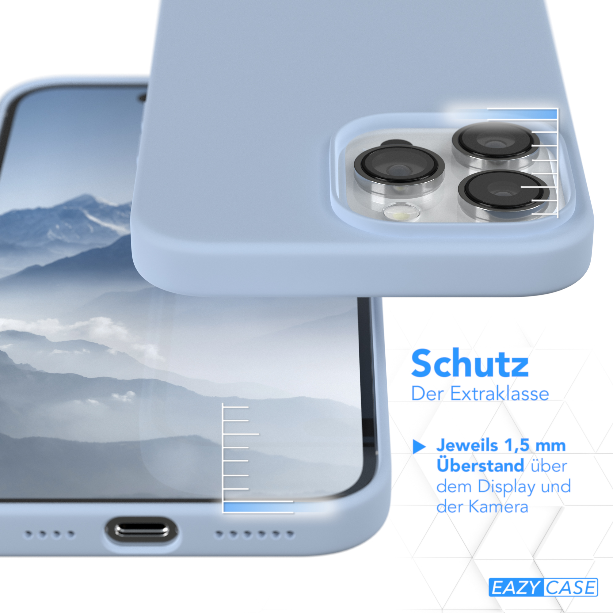 Hellblaue Handyhülle mit Telefon, zeigt Kameraschutz.