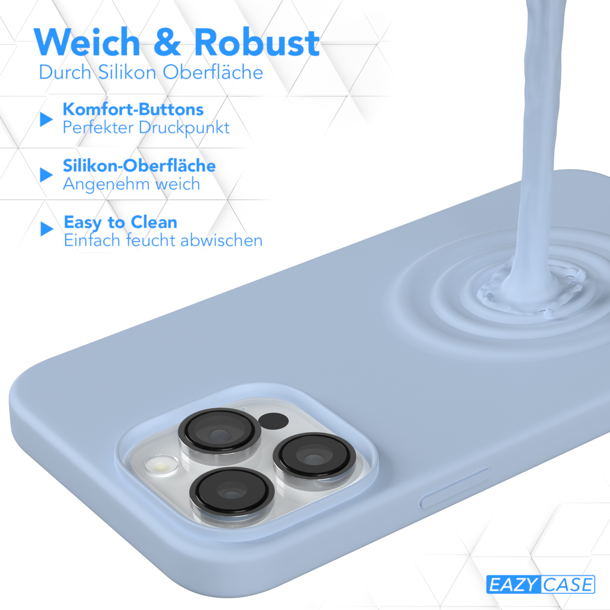 Nahaufnahme einer Handyhülle. Text sagt 'Weich & Robust' und 'Easy to Clean'. Eine Flüssigkeit wird gegossen.