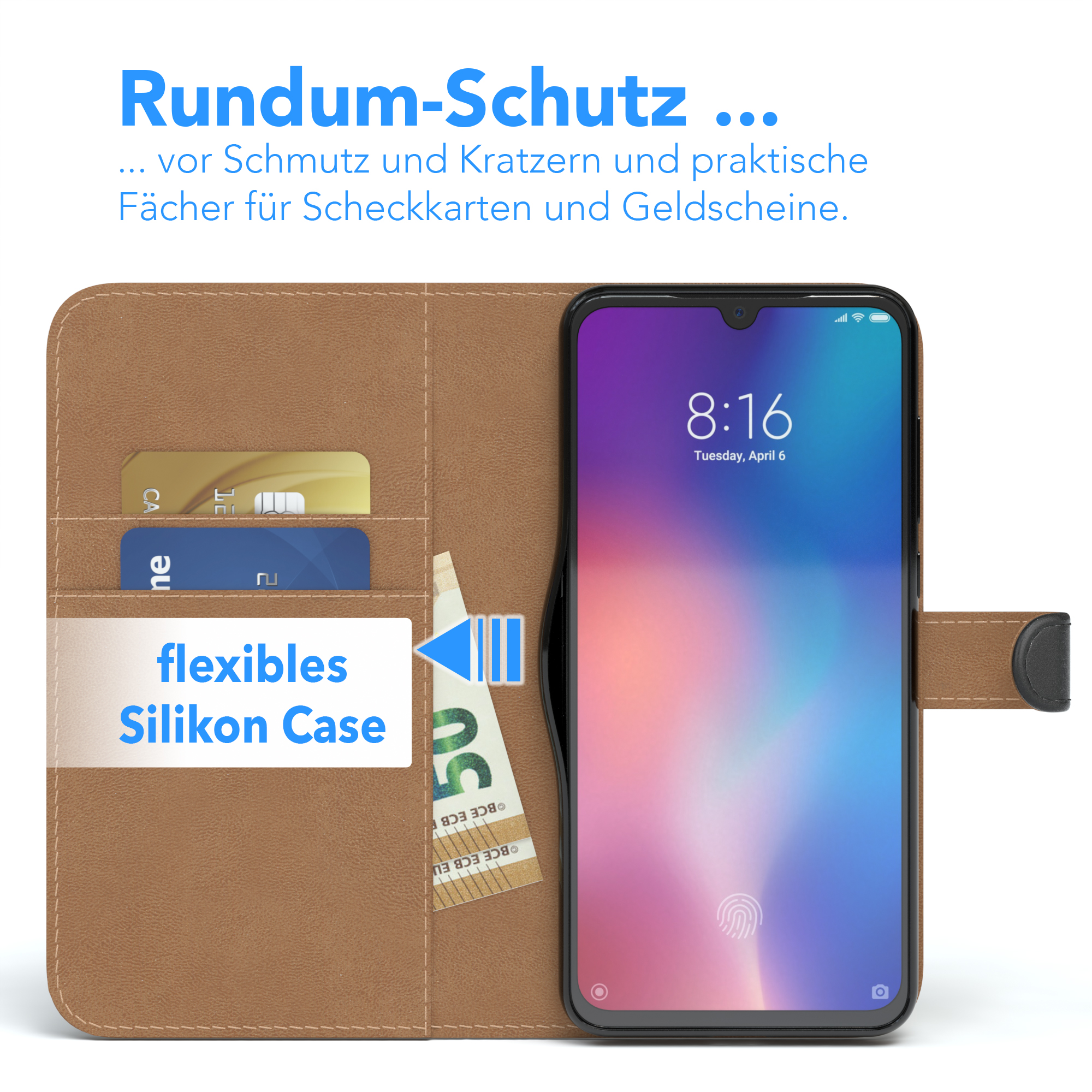 Geöffnete braune Handyhülle mit Telefon, das einen Bildschirm und Geld zeigt.