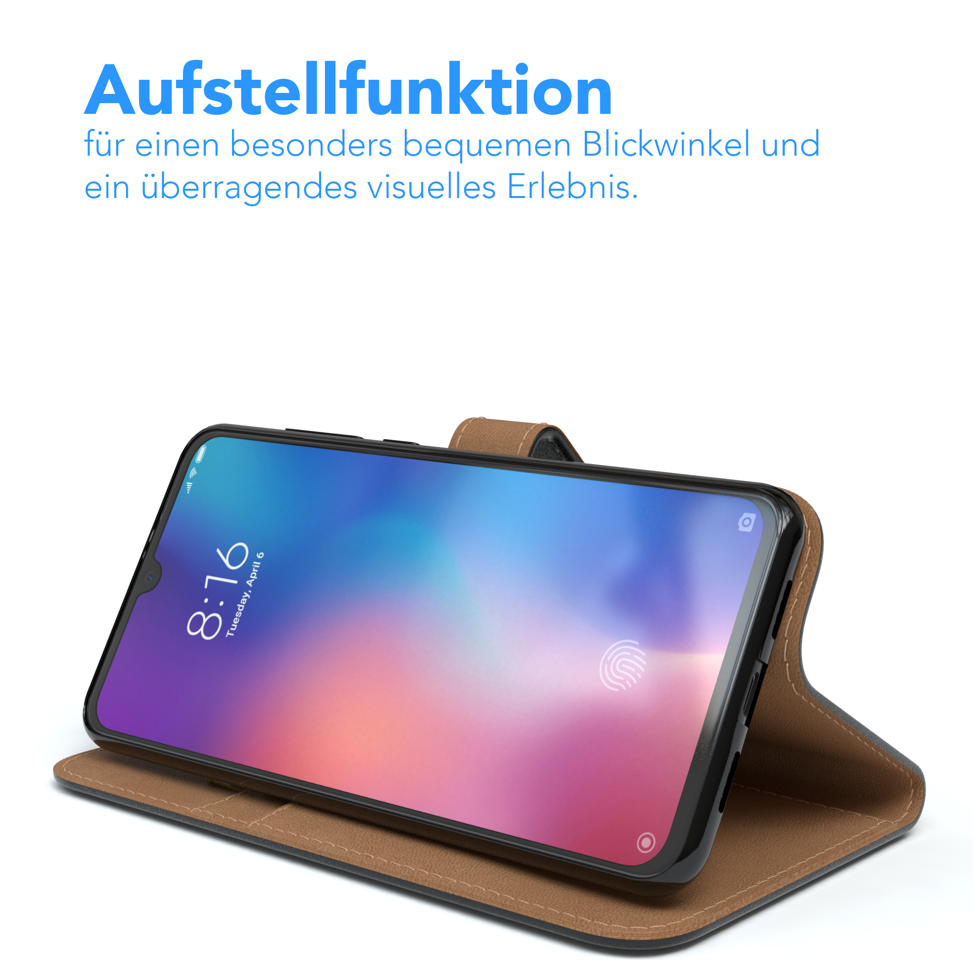 Ein Telefon in einer geöffneten Hülle, das seinen Bildschirm zeigt. Die Hülle hat eine braune Außenseite.