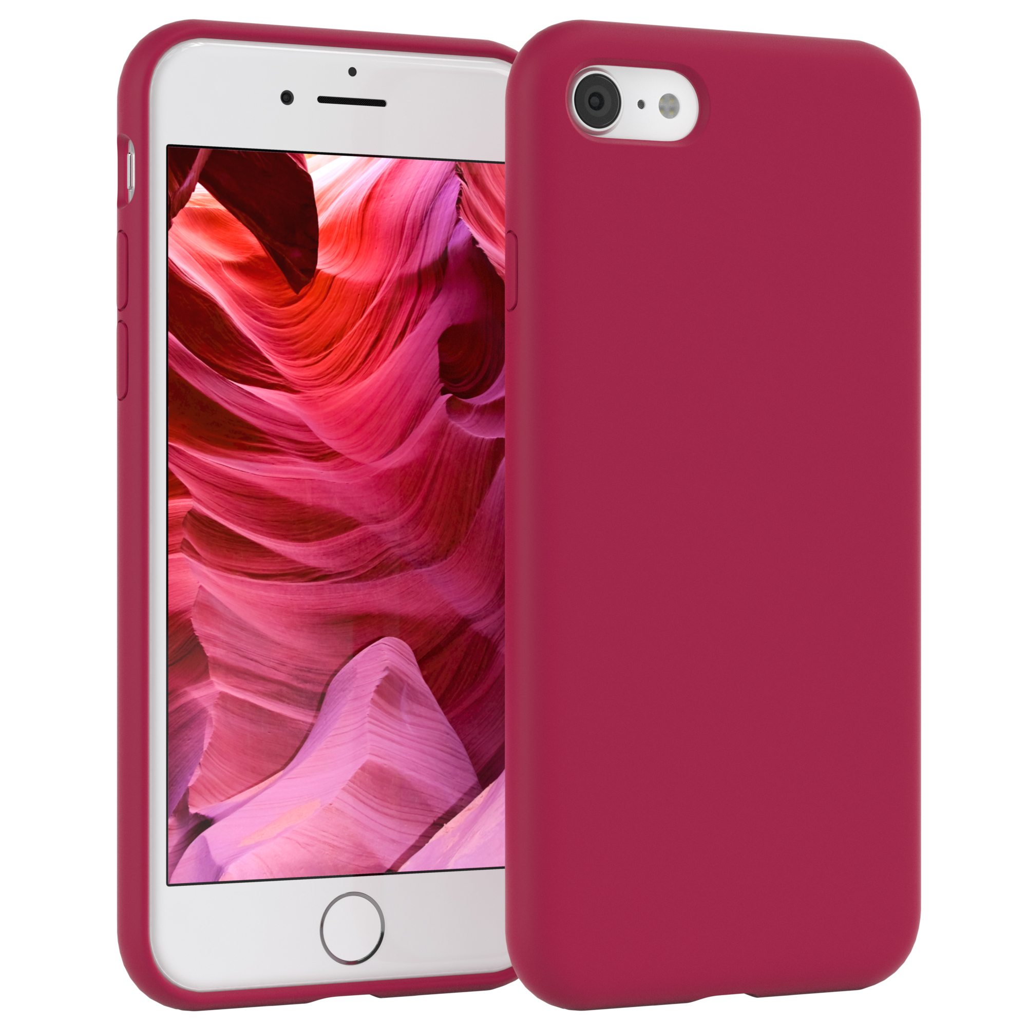 Rotes Telefon in roter Hülle. Der Bildschirm ist weiß und zeigt ein kreisförmiges Symbol.