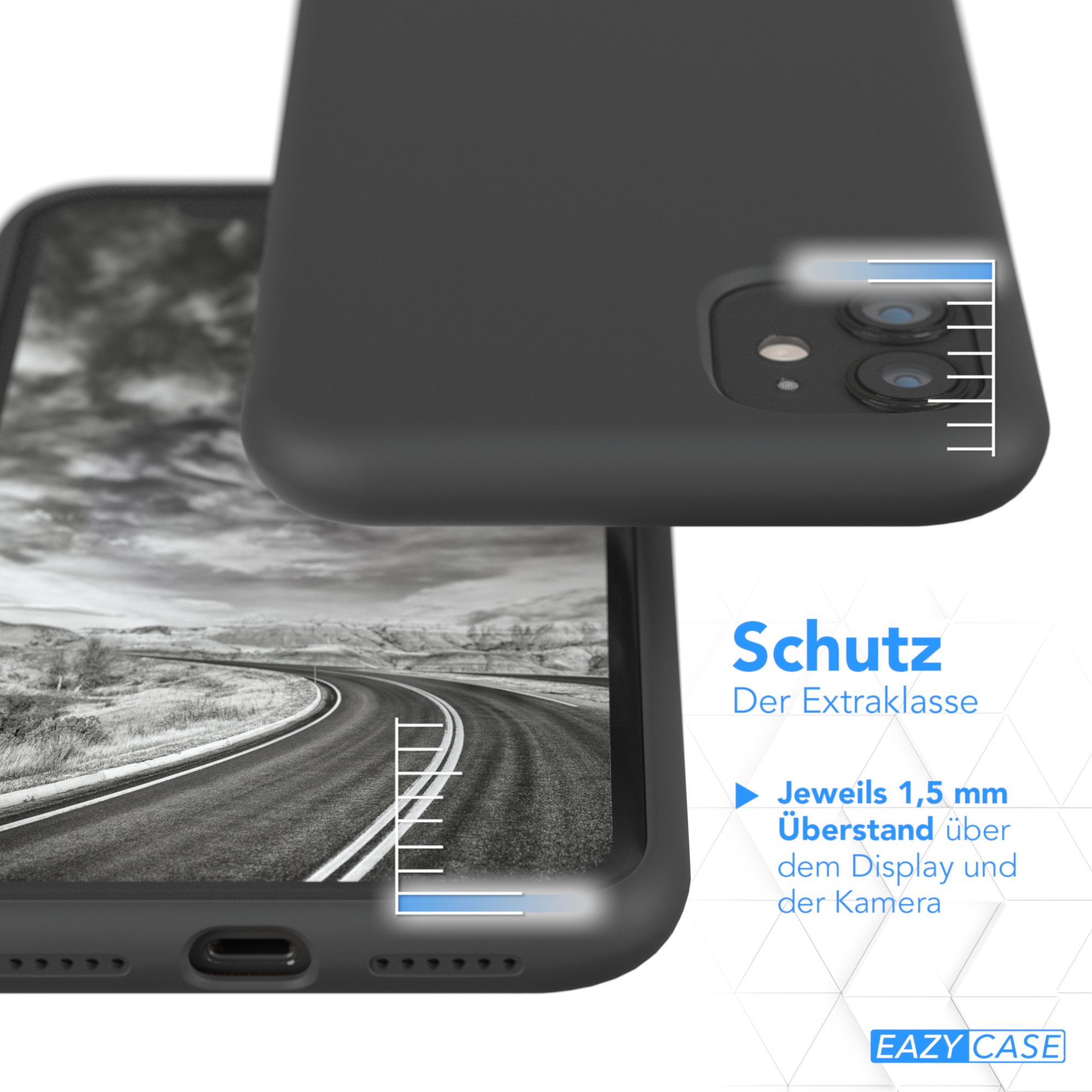 Handyhülle über Telefon. Die Hülle ist schwarz. Text zeigt Schutz und Messungen.