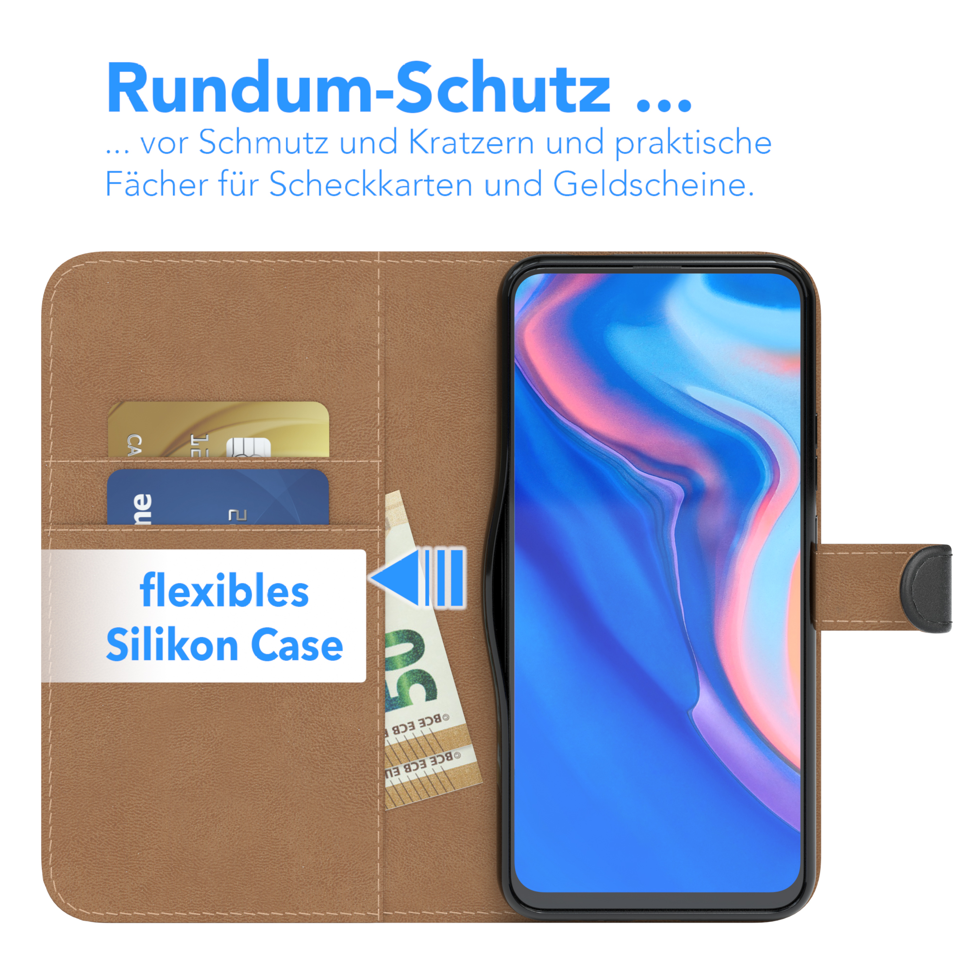 Telefon in brauner Hülle mit Kartenfächern und Geldschein. Die Hülle ist offen.