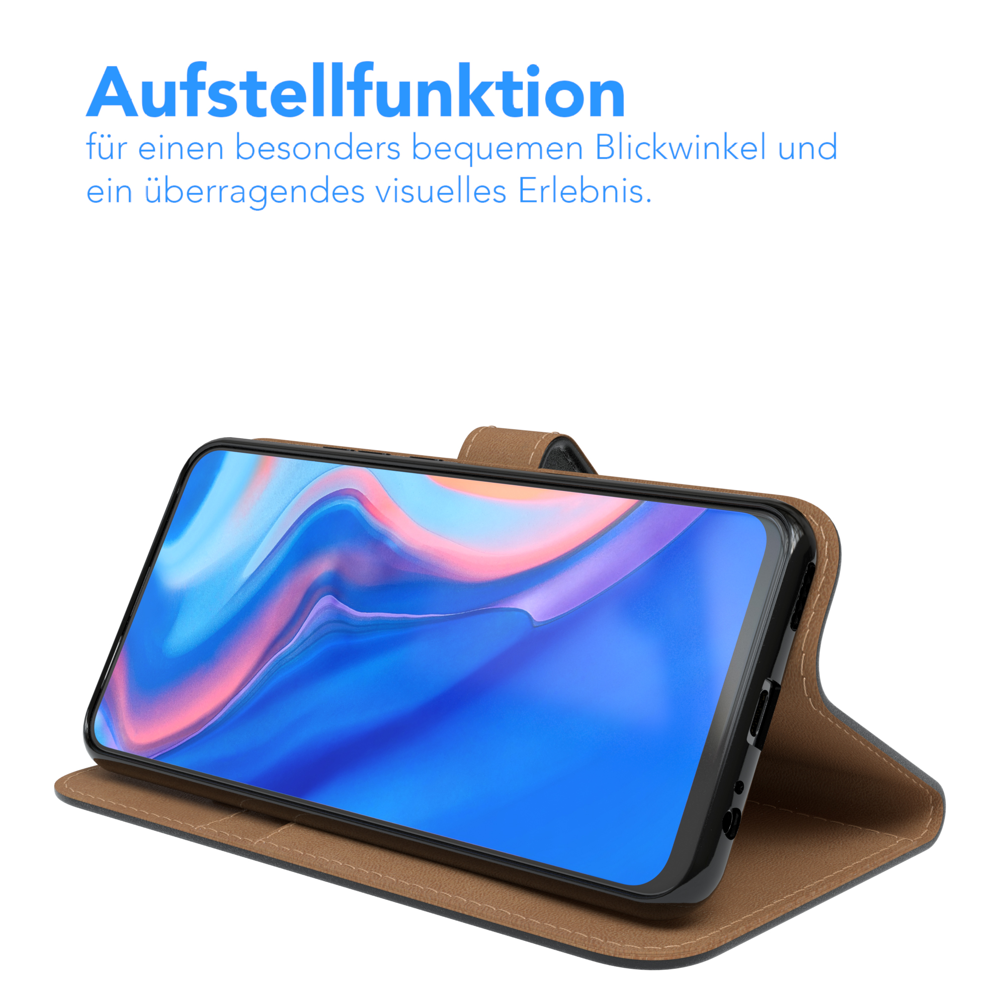 Telefon in einer braunen Lederhülle, abgewinkelt für bequemes Betrachten, mit Text oben.