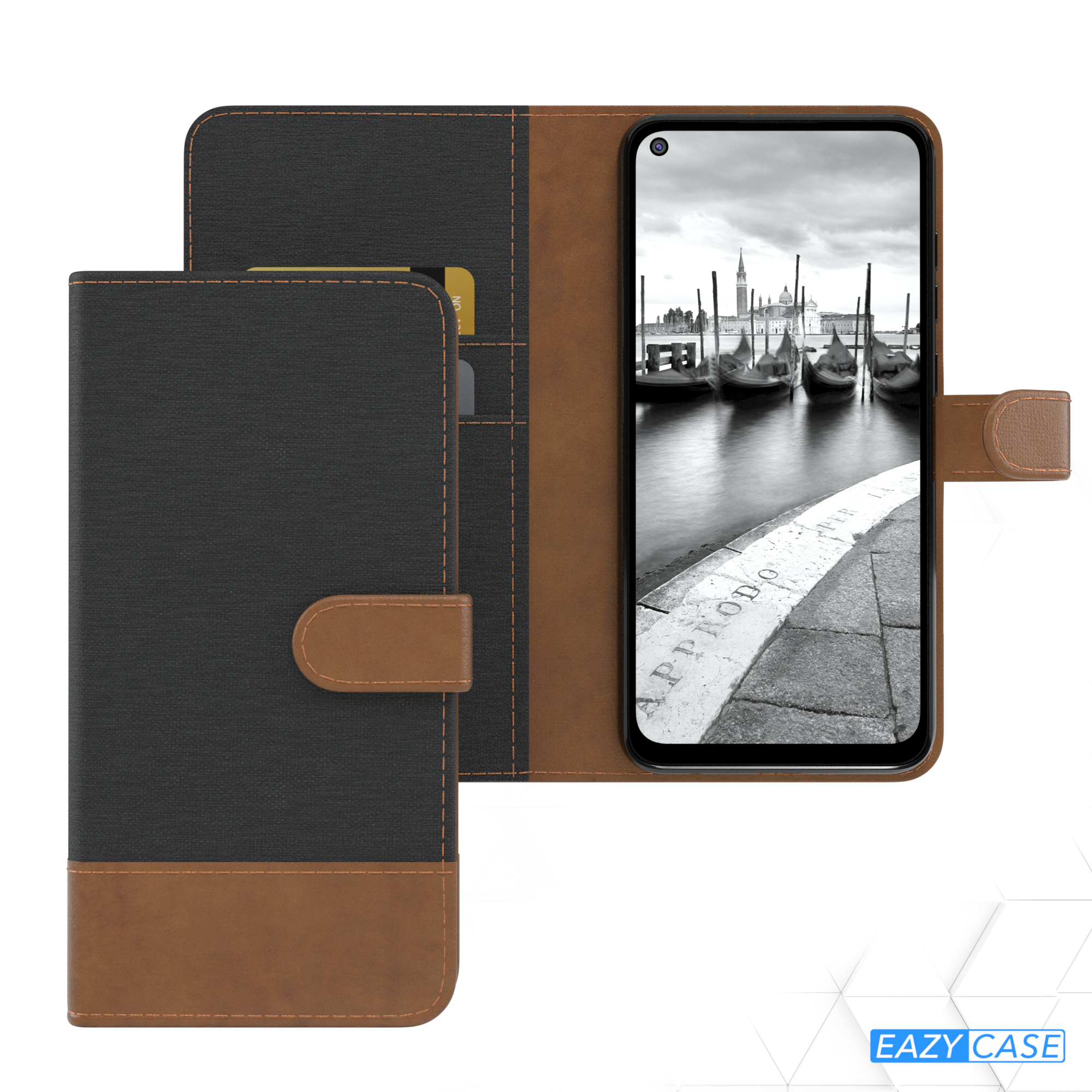 Handyhülle mit schwarz-braunem Design. Das Telefon zeigt ein Venedig-Bild. Text: EAZY CASE.