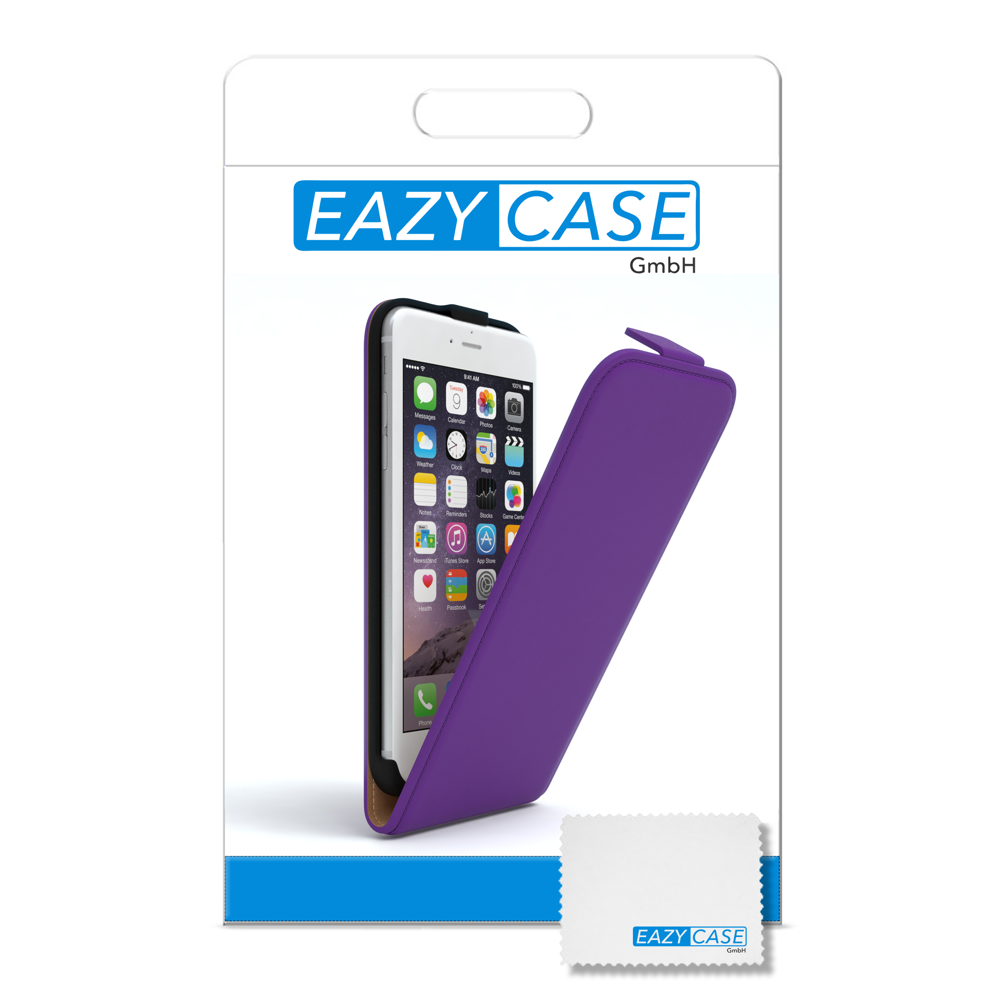 Ein Telefon in einer lila Hülle befindet sich in einer weißen Box mit einem Reinigungstuch.