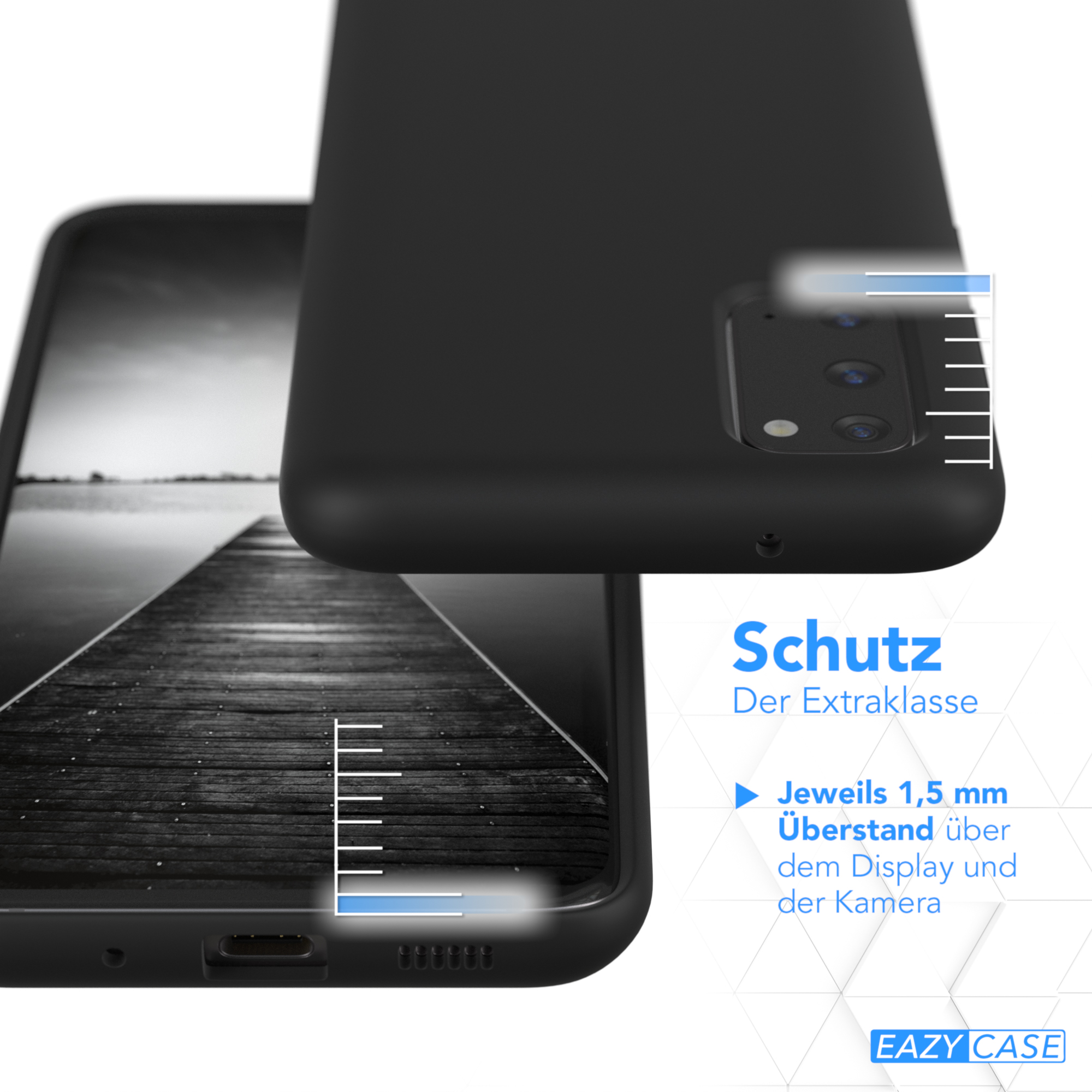 Schwarze Handyhülle mit hervorgehobenen Schutzdetails. Eazy Case Logo.