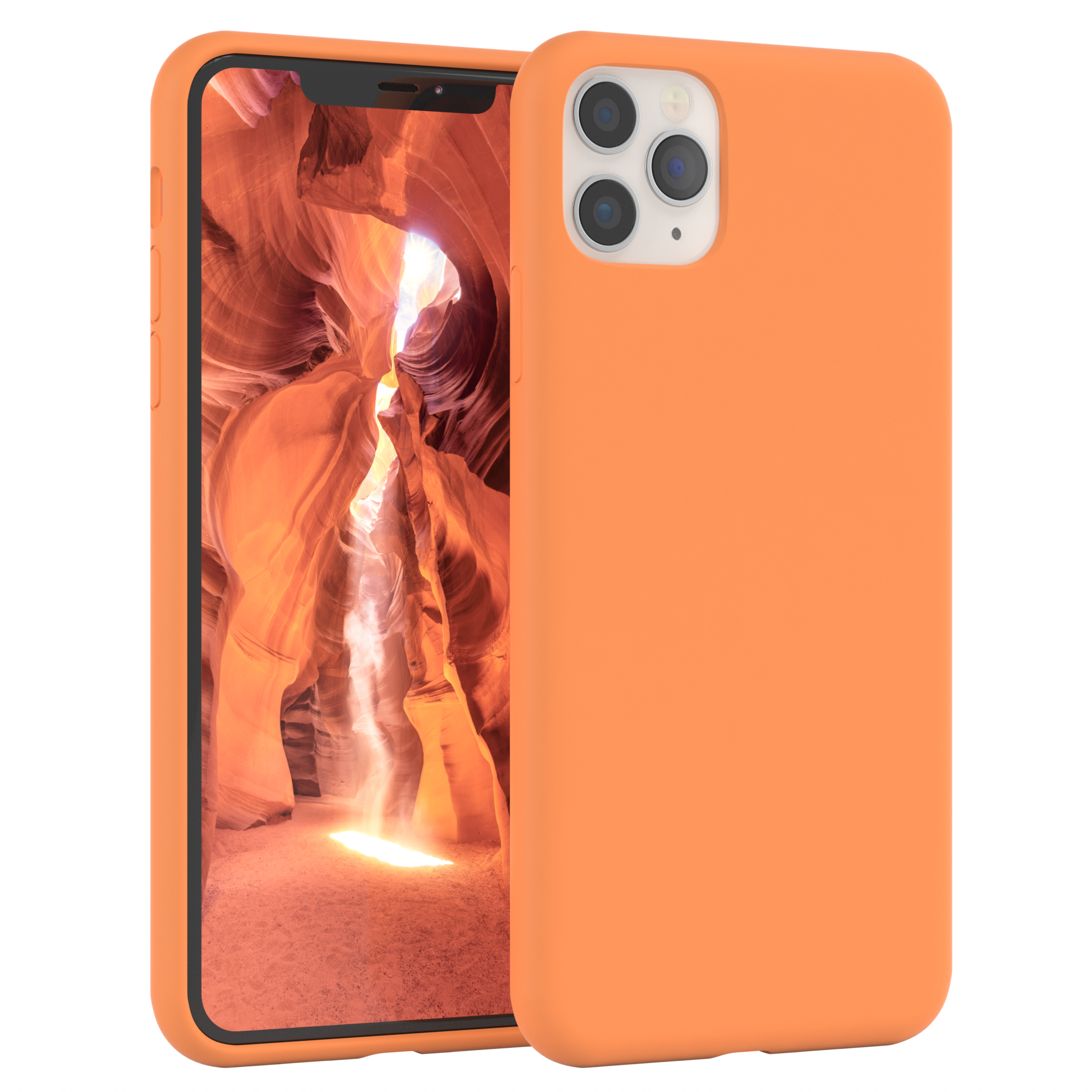 Orangefarbene Handyhülle auf einem Handy mit einem Bild eines Canyons. Der Hintergrund ist weiß.