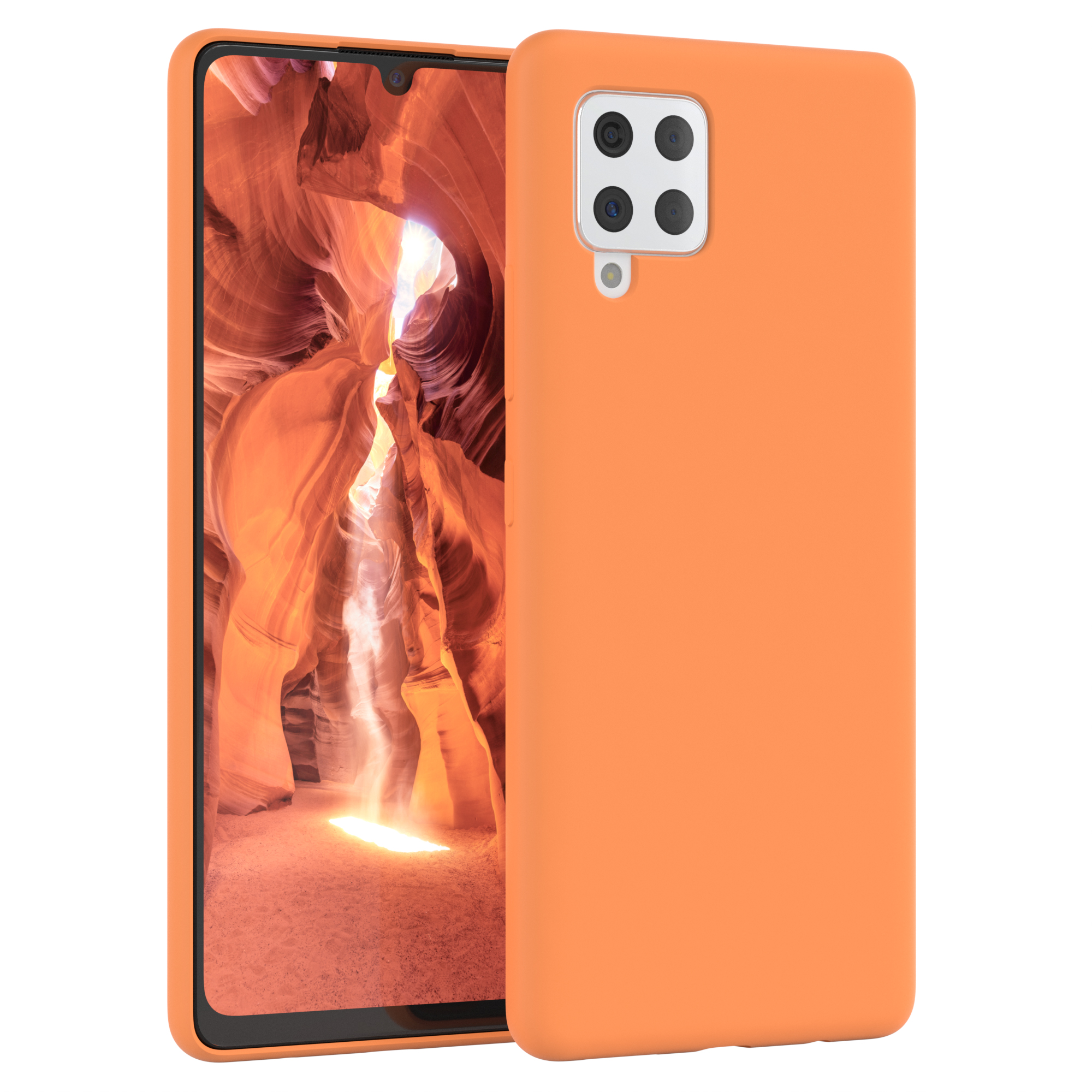 Zwei Telefone, beide mit orangefarbenen Hüllen. Der Hintergrund hat ein Canyon-Bild.