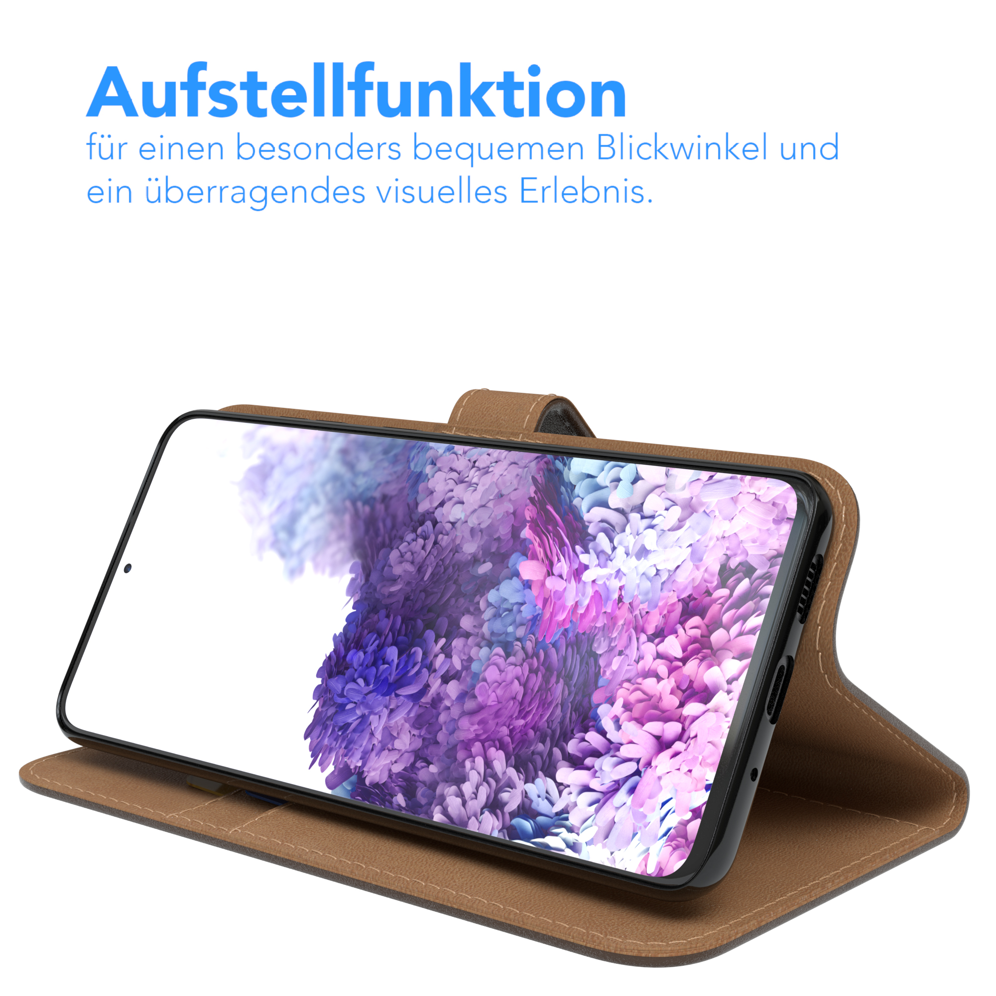 Telefon in braunem Case, aufgestellt. Der Bildschirm ist sichtbar. Text: Aufstellfunktion.