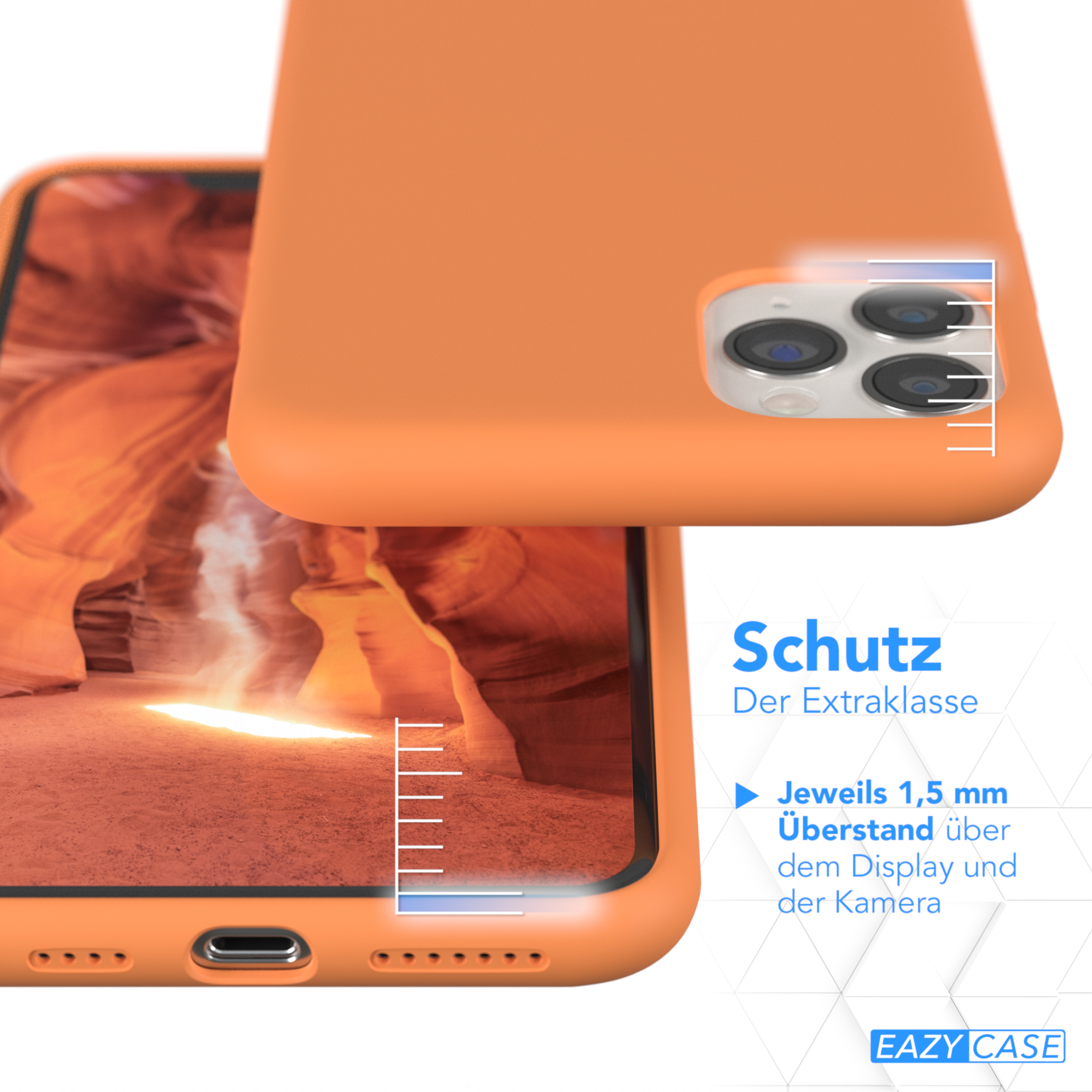 Orangefarbene Handyhülle mit orangefarbenem Telefon, zeigt den Kantenschutz der Hülle.