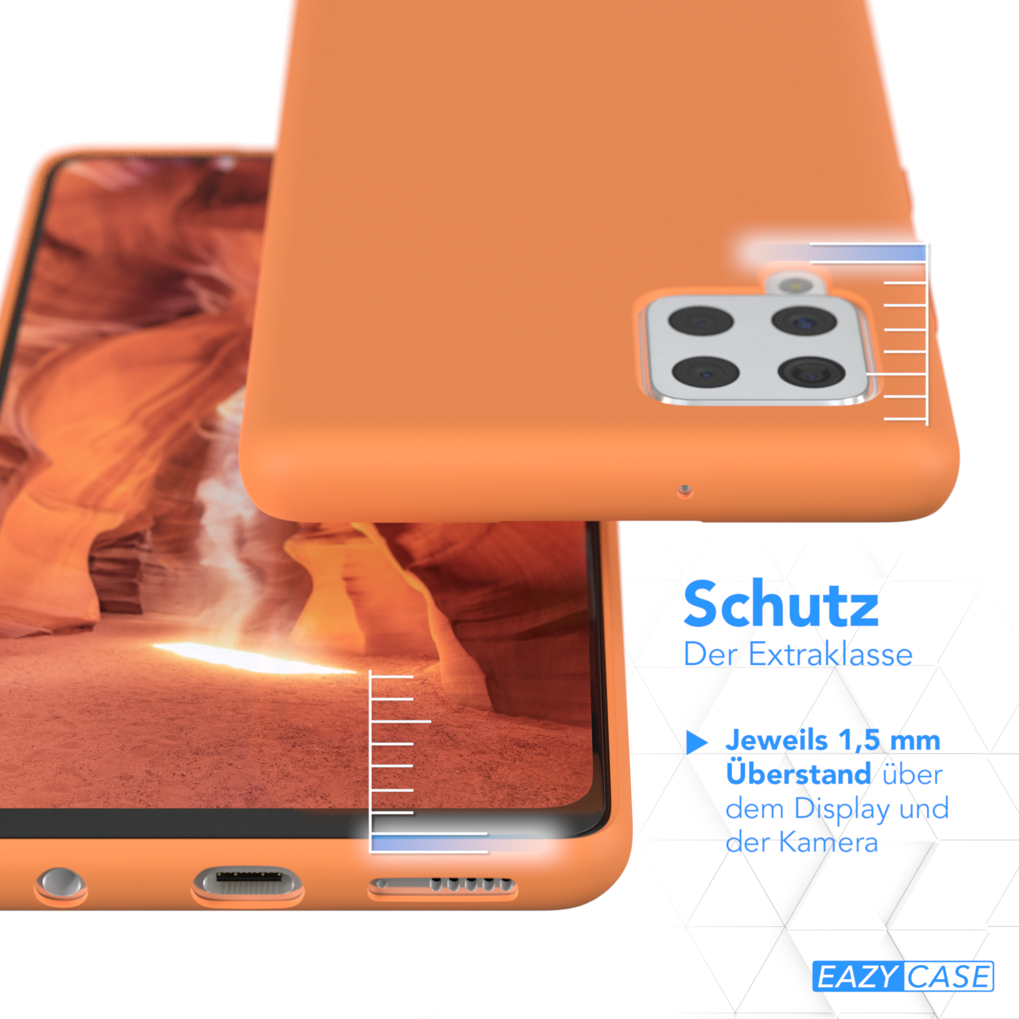 Orangefarbene Handyhülle neben einem Telefon. Text sagt Schutz, Extraklasse. Messlinien werden angezeigt.