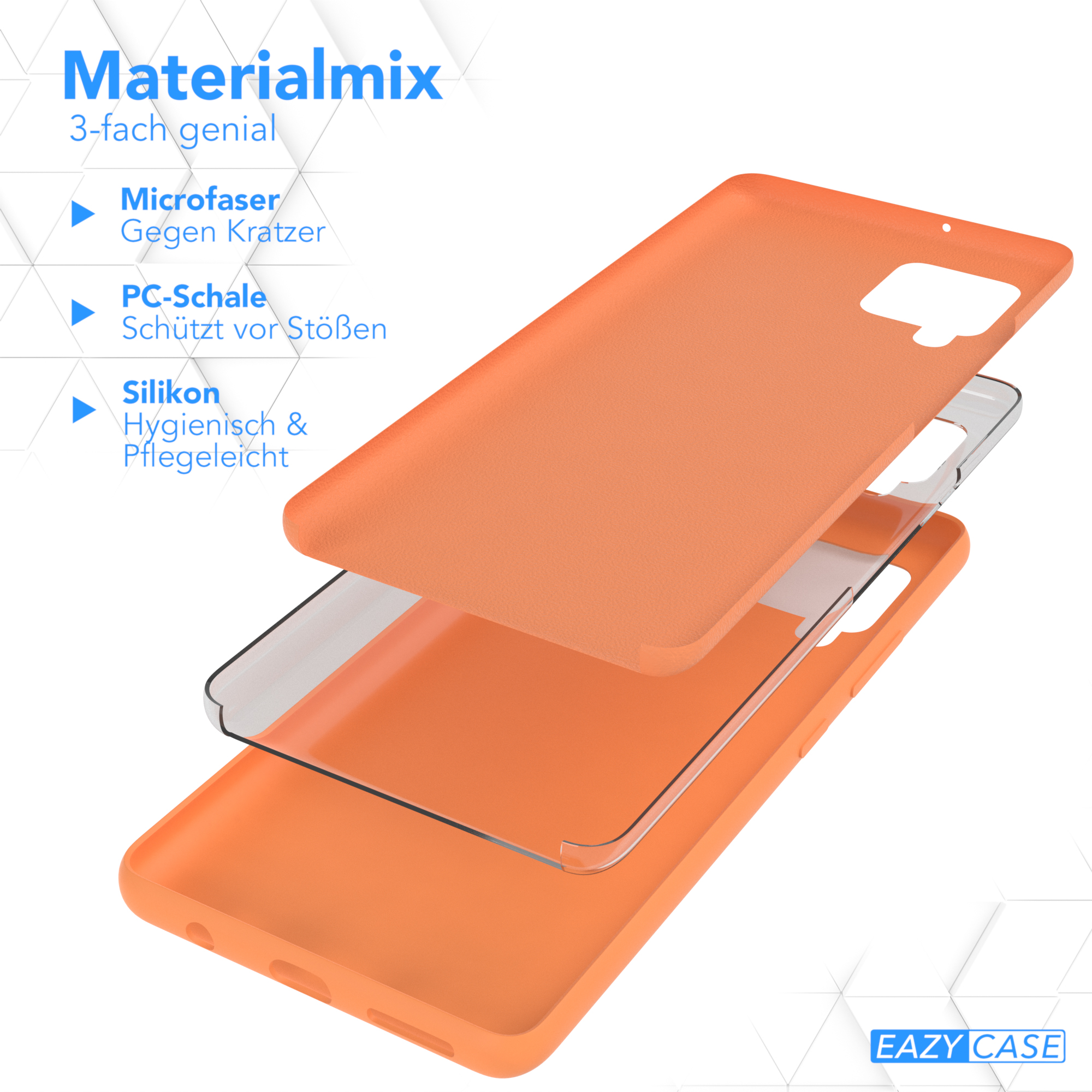 Eine orangefarbene Handyhülle zerlegt, die Schichten aus Mikrofaser, PC-Schale und Silikon zeigt.