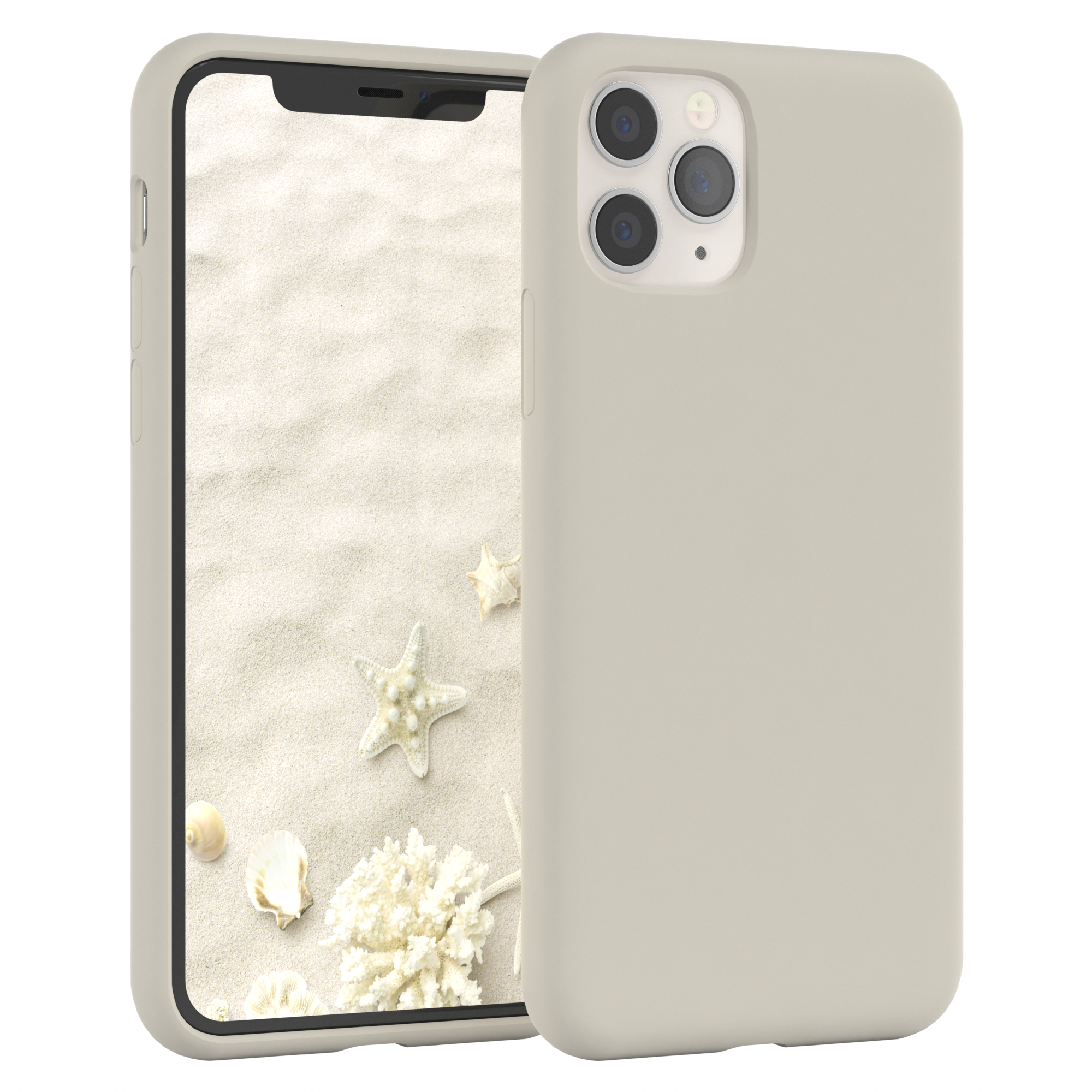 Telefon in beiger Hülle, Strandszene auf dem Bildschirm mit Seesternen und Muscheln.