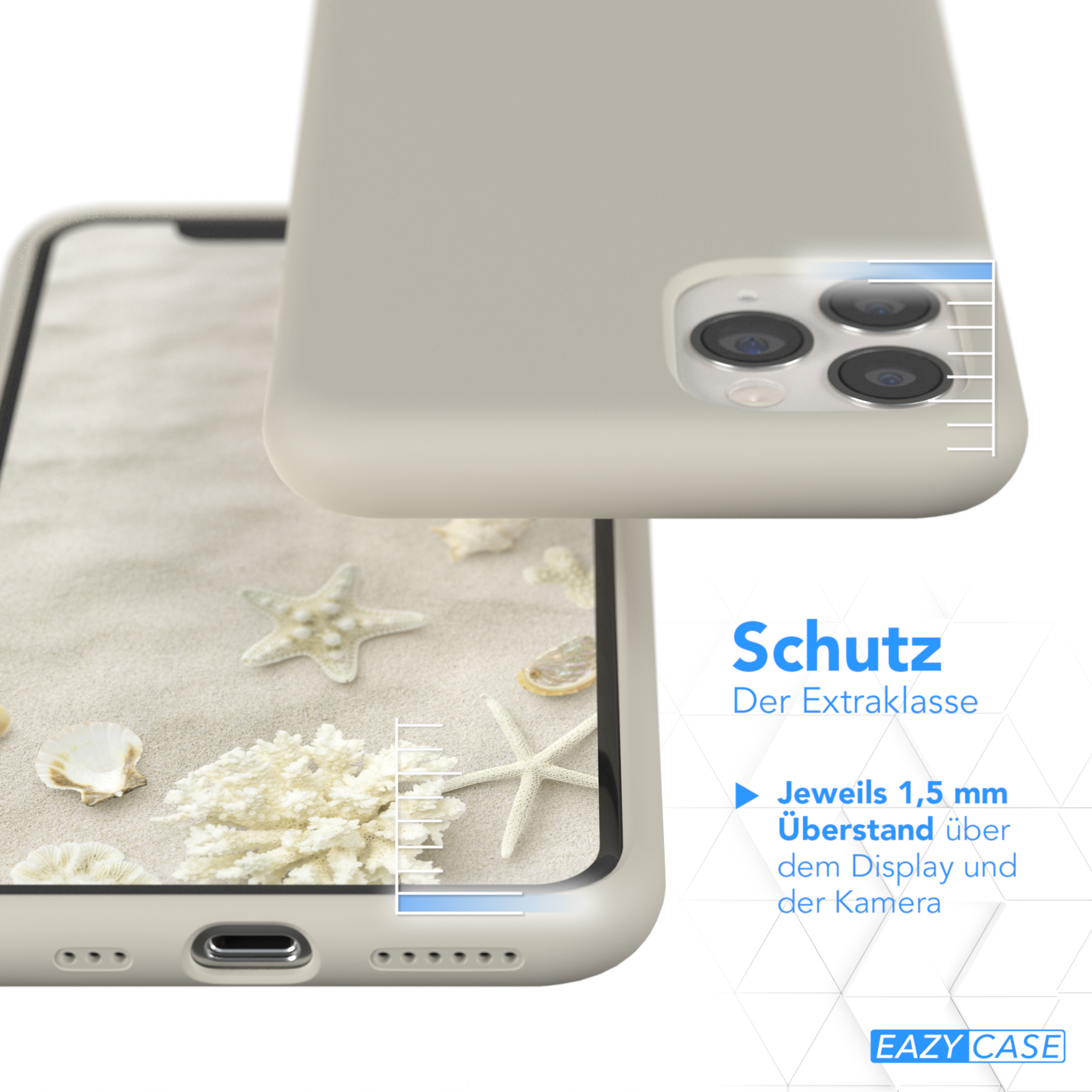 Handyhülle auf sandigem Hintergrund mit Text, der ihre Schutzeigenschaften beschreibt, und Muscheln.