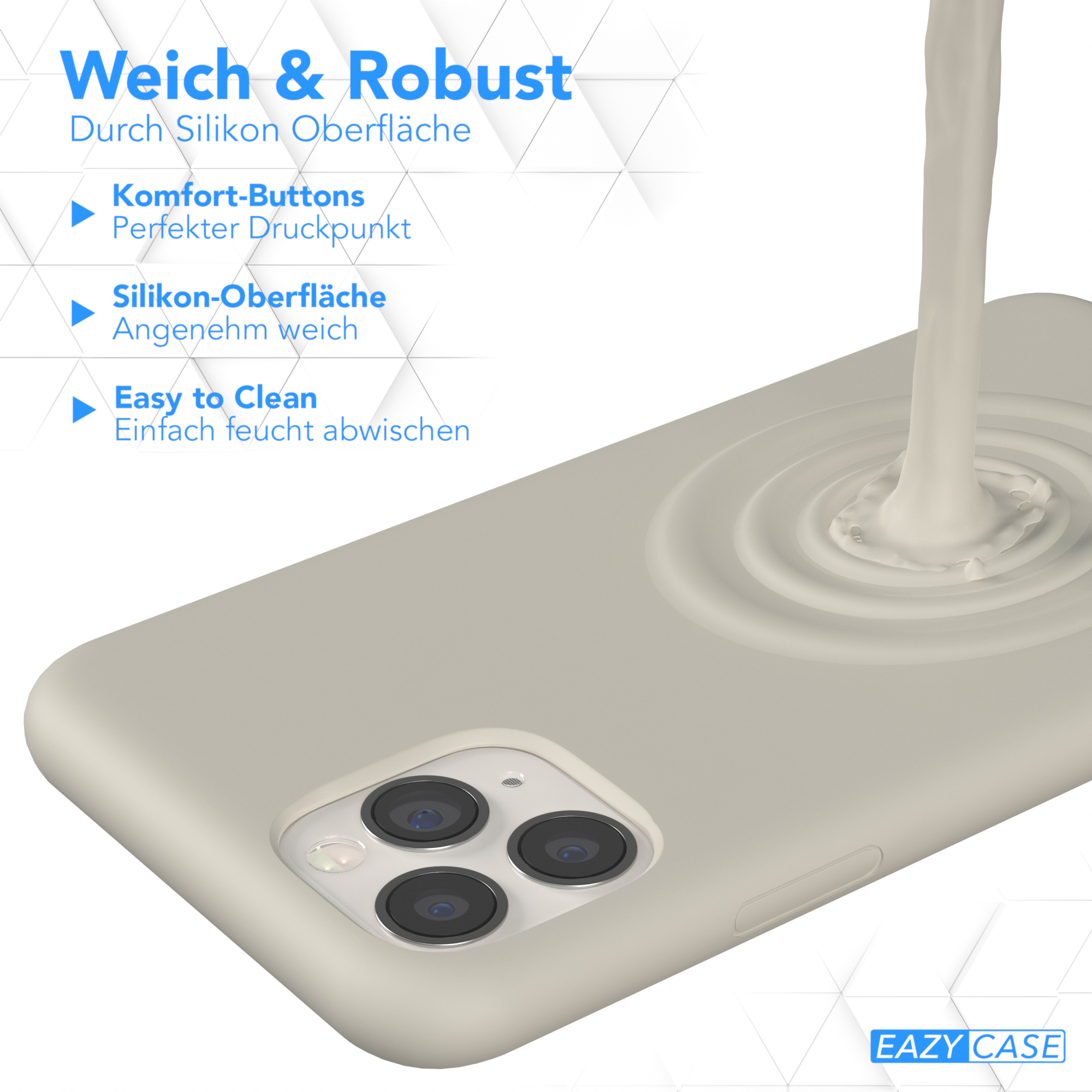 Weiße Handyhülle. Flüssigkeit wird auf die Oberfläche gegossen. Text: Weich & Robust, Easy to Clean.