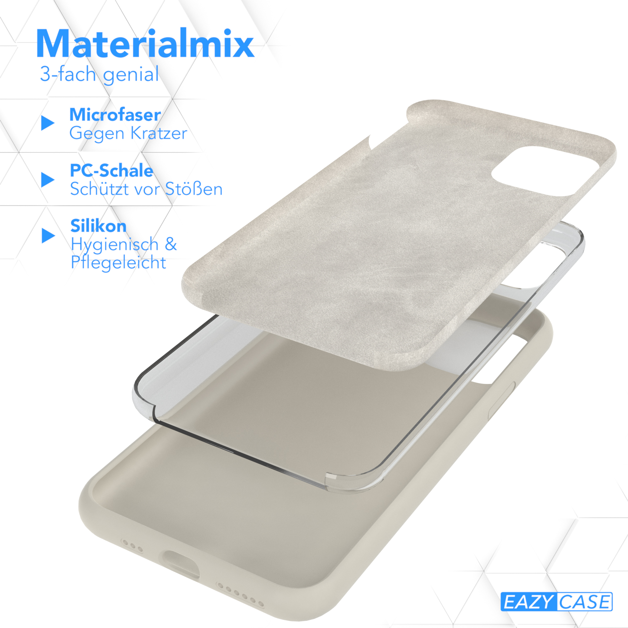 Handyhülle in Schichten: Mikrofaser, PC-Schale und Silikon. Text: Materialmix, 3-fach genial.