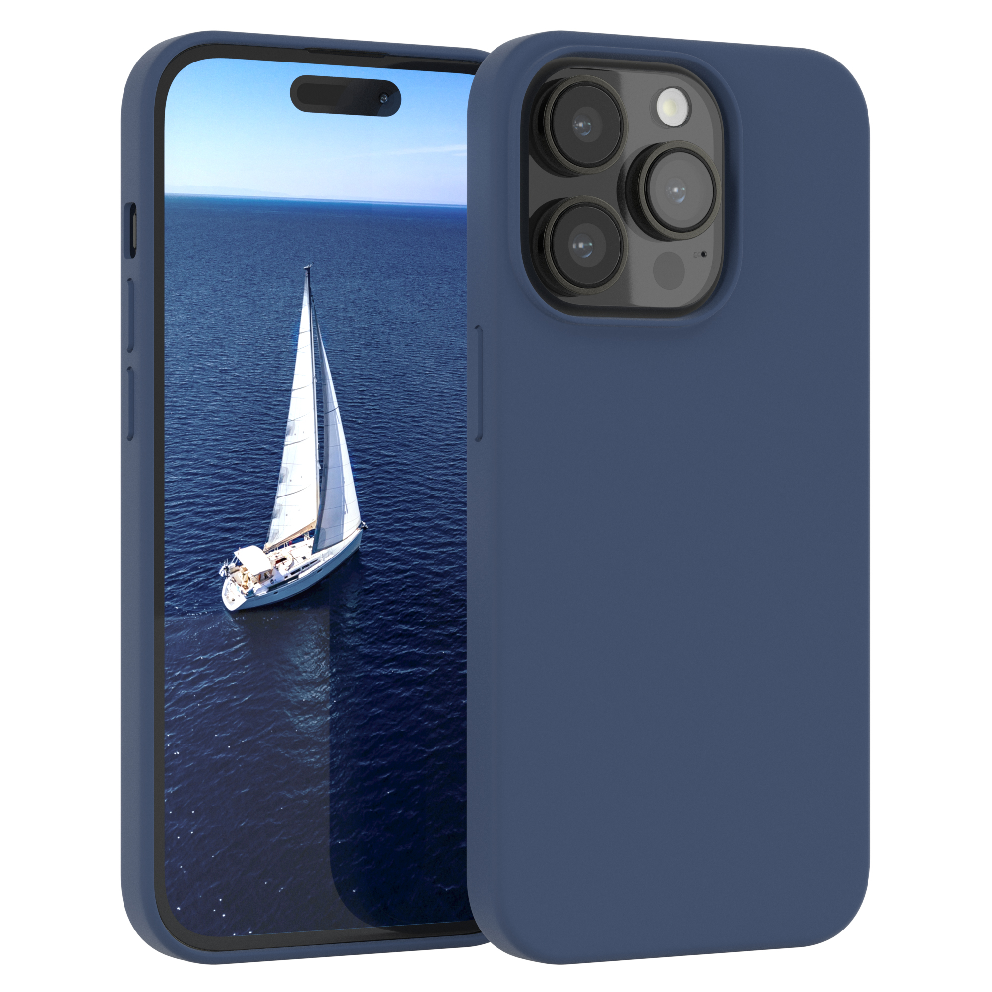 Dunkelblaue Handyhülle und Telefon. Das Telefon zeigt ein Segelboot auf dem Meer.