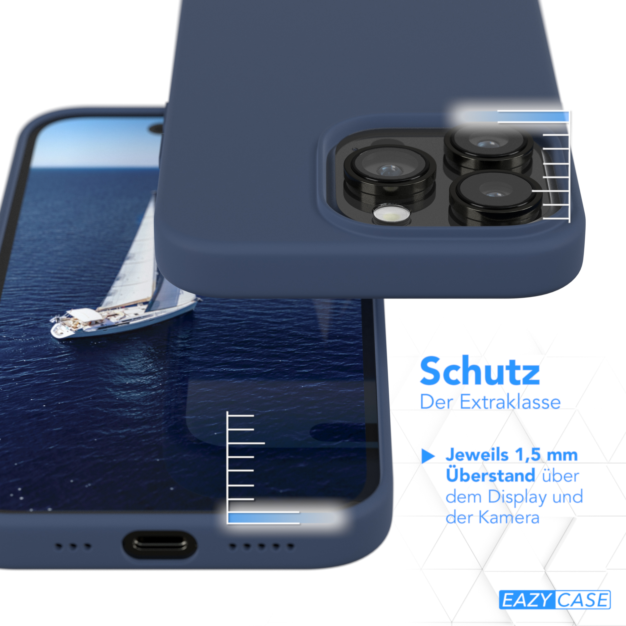 Nahaufnahme einer marineblauen Handyhülle. Das Telefon ist darin. Der Bildschirm zeigt ein Segelboot.