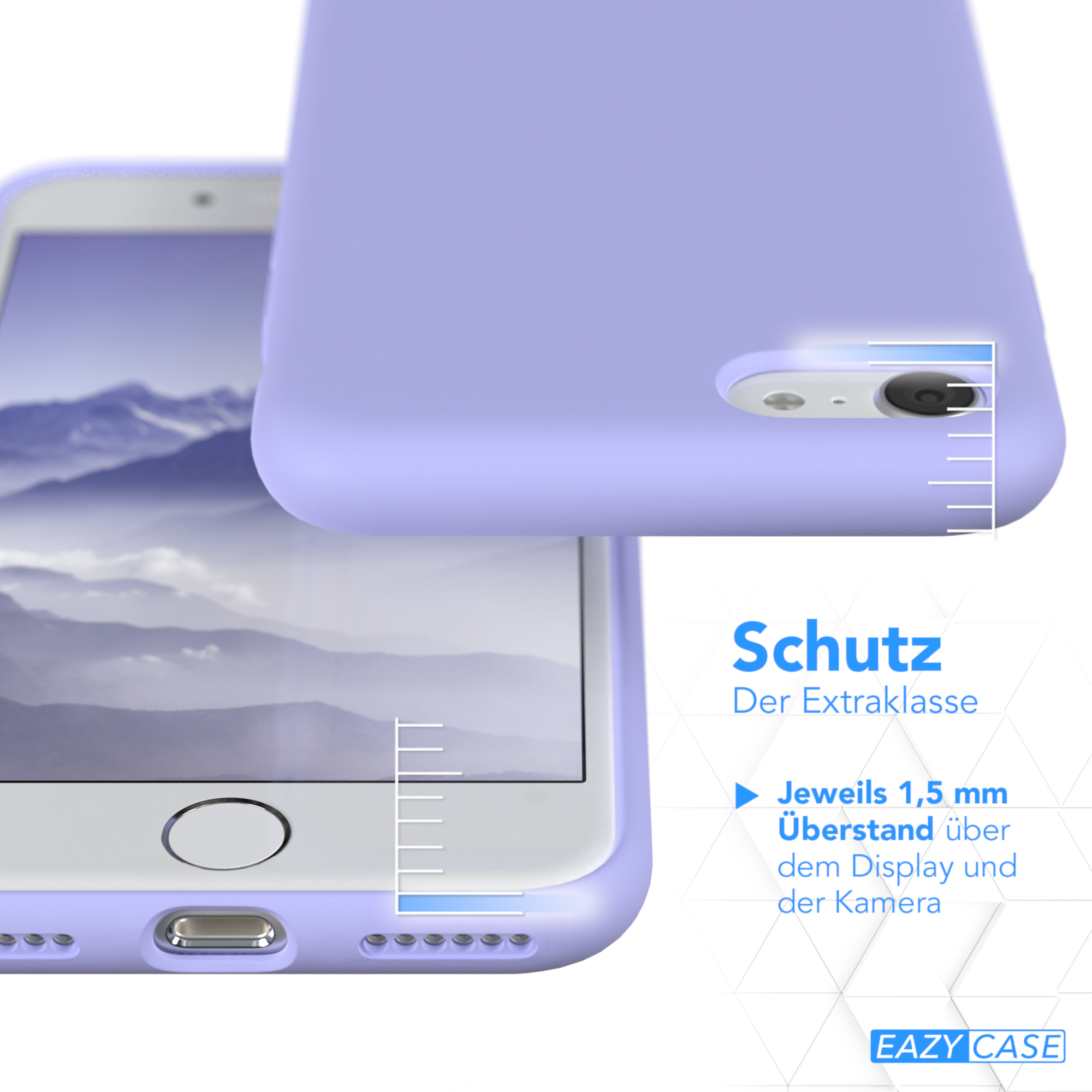Ein hellviolettes Telefon wird in einem Gehäuse gezeigt. Das Display und die Kamera sind durch 1,5 mm geschützt.