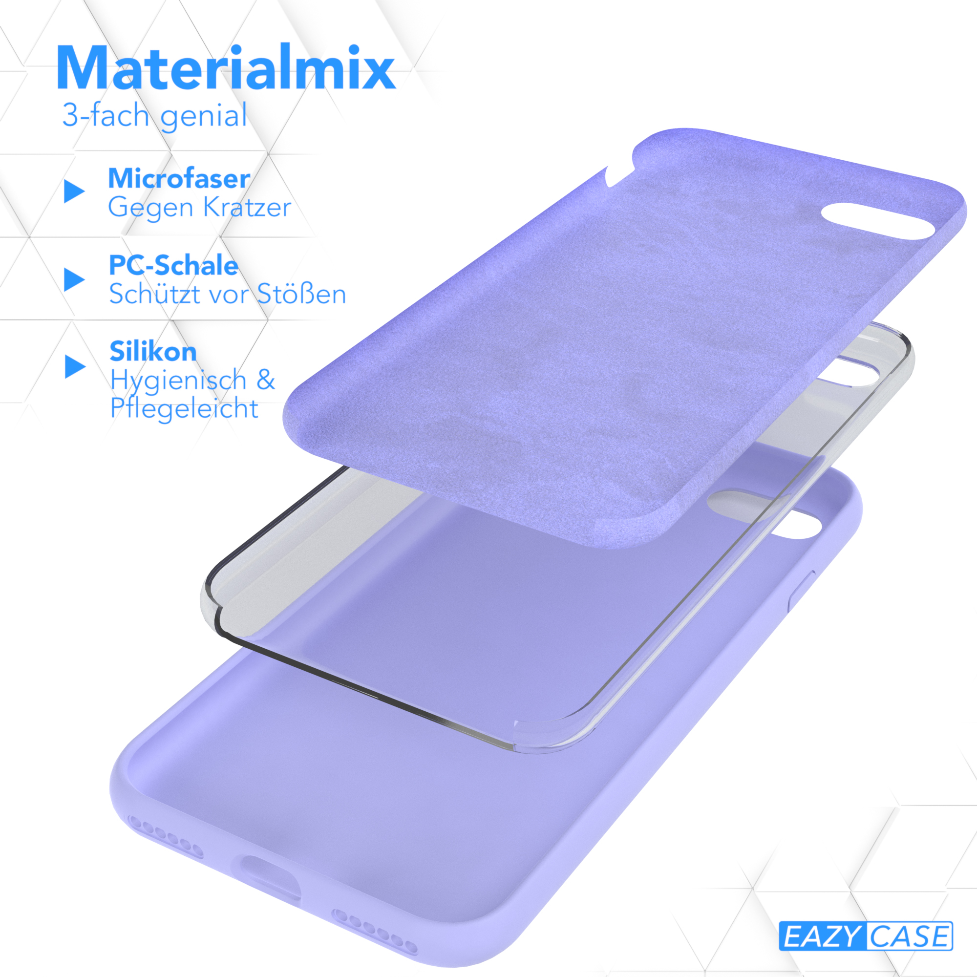 Dreischichtige Handyhüllen-Komponenten: Mikrofaser, PC-Schale und Silikon. Text: Materialmix, 3-fach genial.
