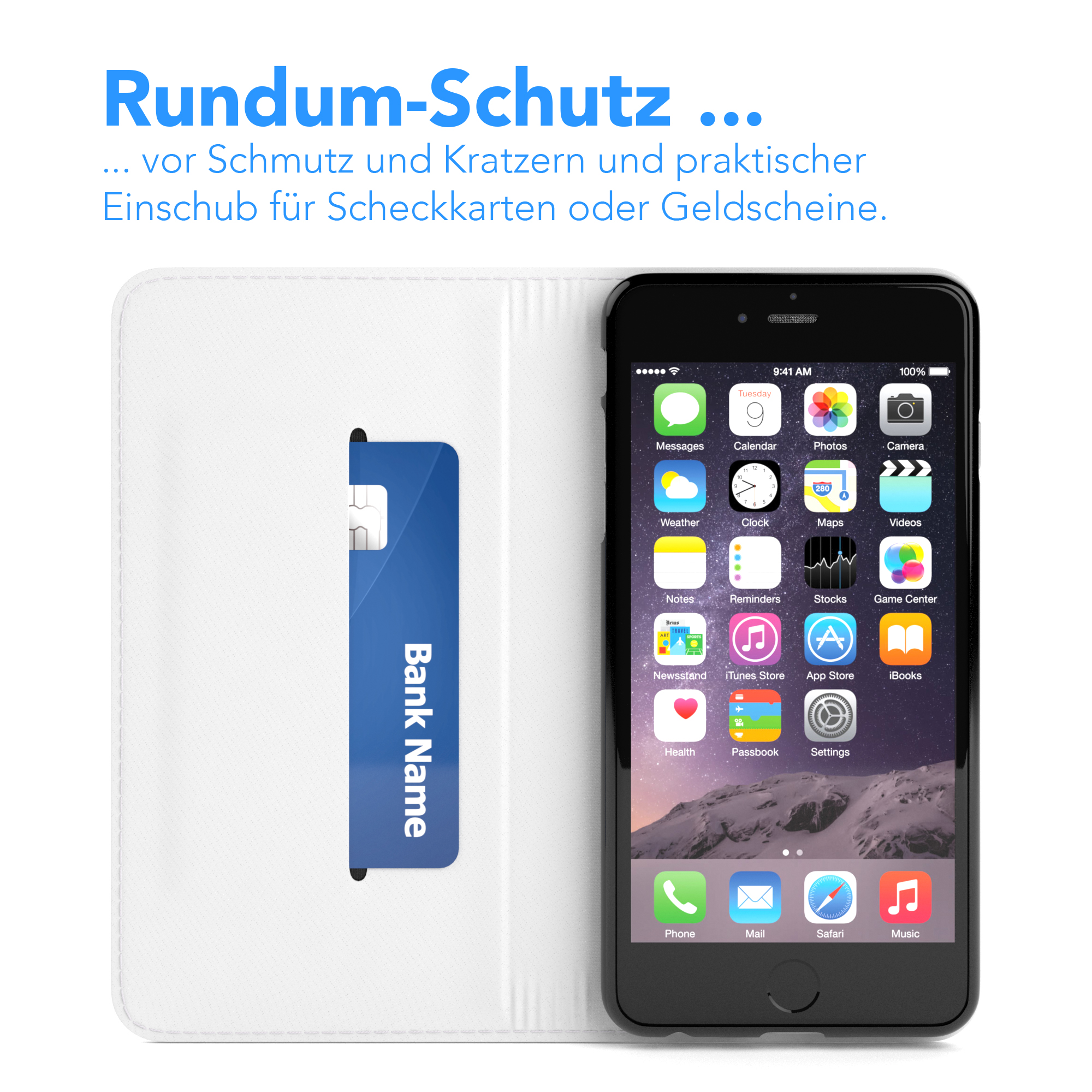Weiße Handyhülle offen mit einem iPhone mit Apps und einer Kreditkarte. Der Hintergrund ist weiß.