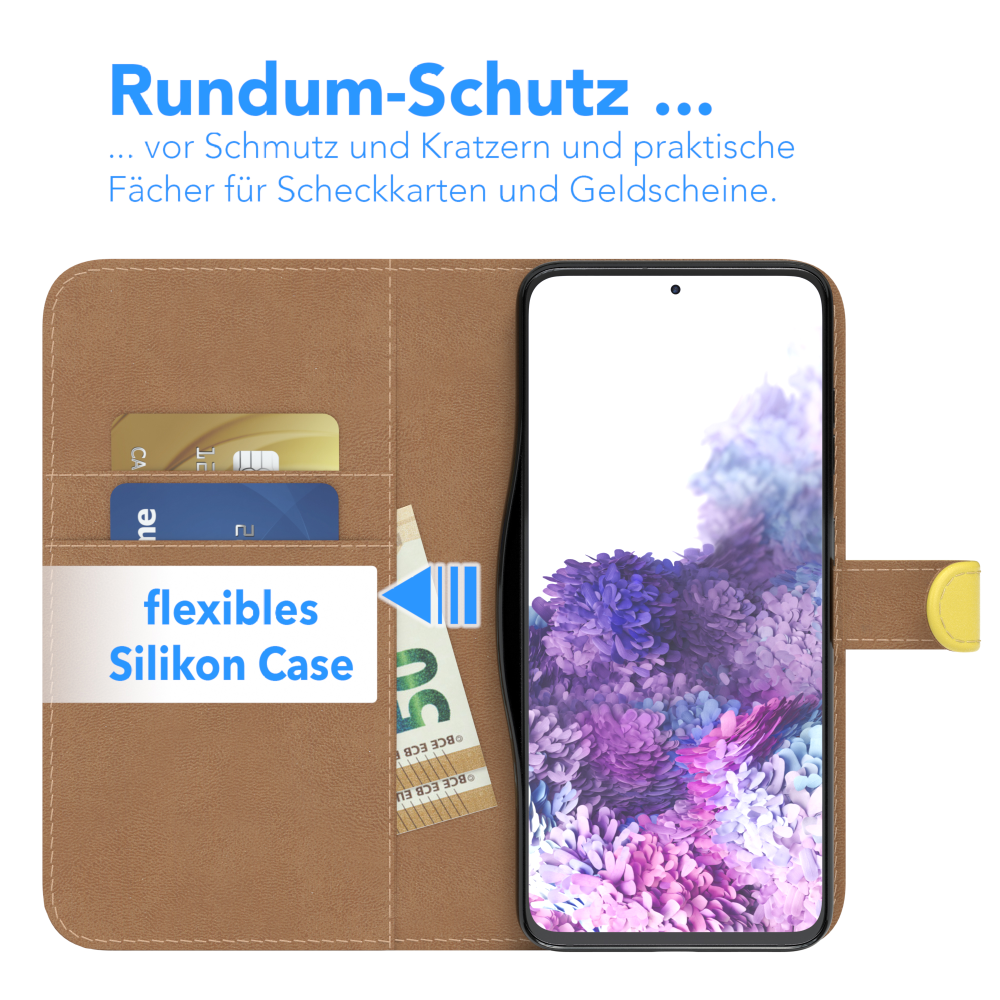 Telefon in brauner Hülle mit Kreditkarte, Rechnung und Text. Lila Bildschirm.