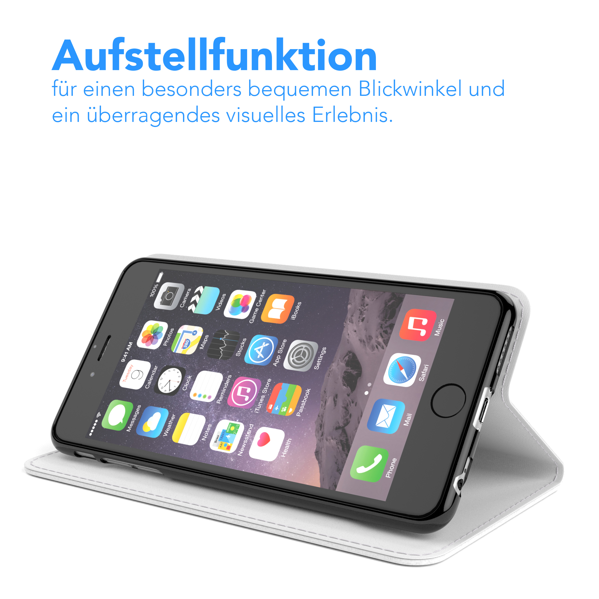 Telefon in weißer Hülle, offen. Der Bildschirm zeigt den Startbildschirm mit App-Symbolen.