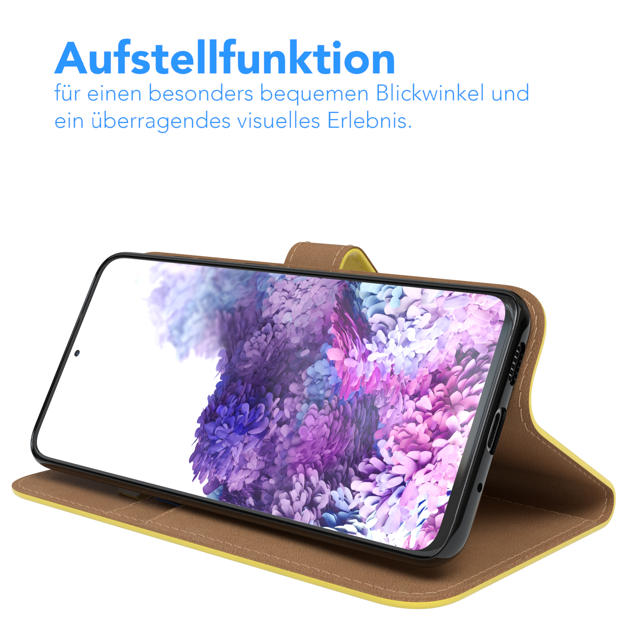 Telefon in braun-gelber Hülle, angewinkelt, weißer Hintergrund.
