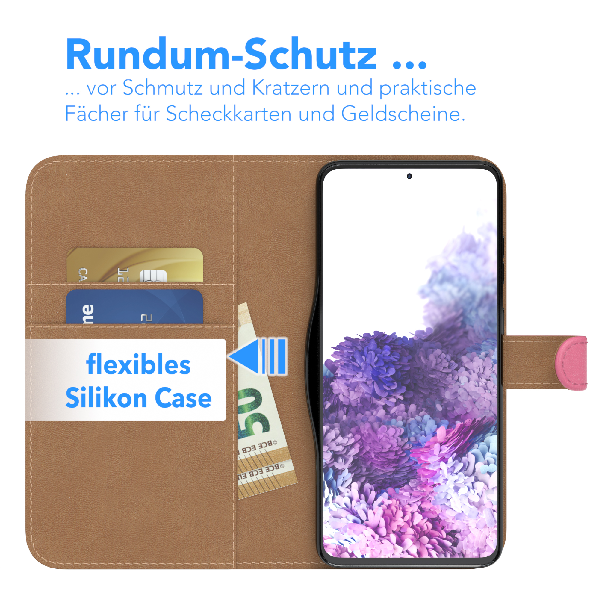 Braune Handyhülle mit Karten und Geld. Ein Telefon zeigt lila Blumen.