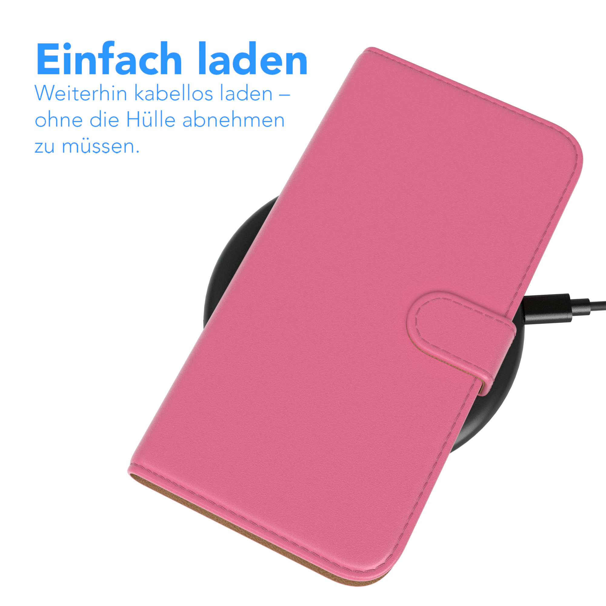 Rosa Handyhülle auf kabellosem Ladegerät. Text: Einfaches Aufladen.