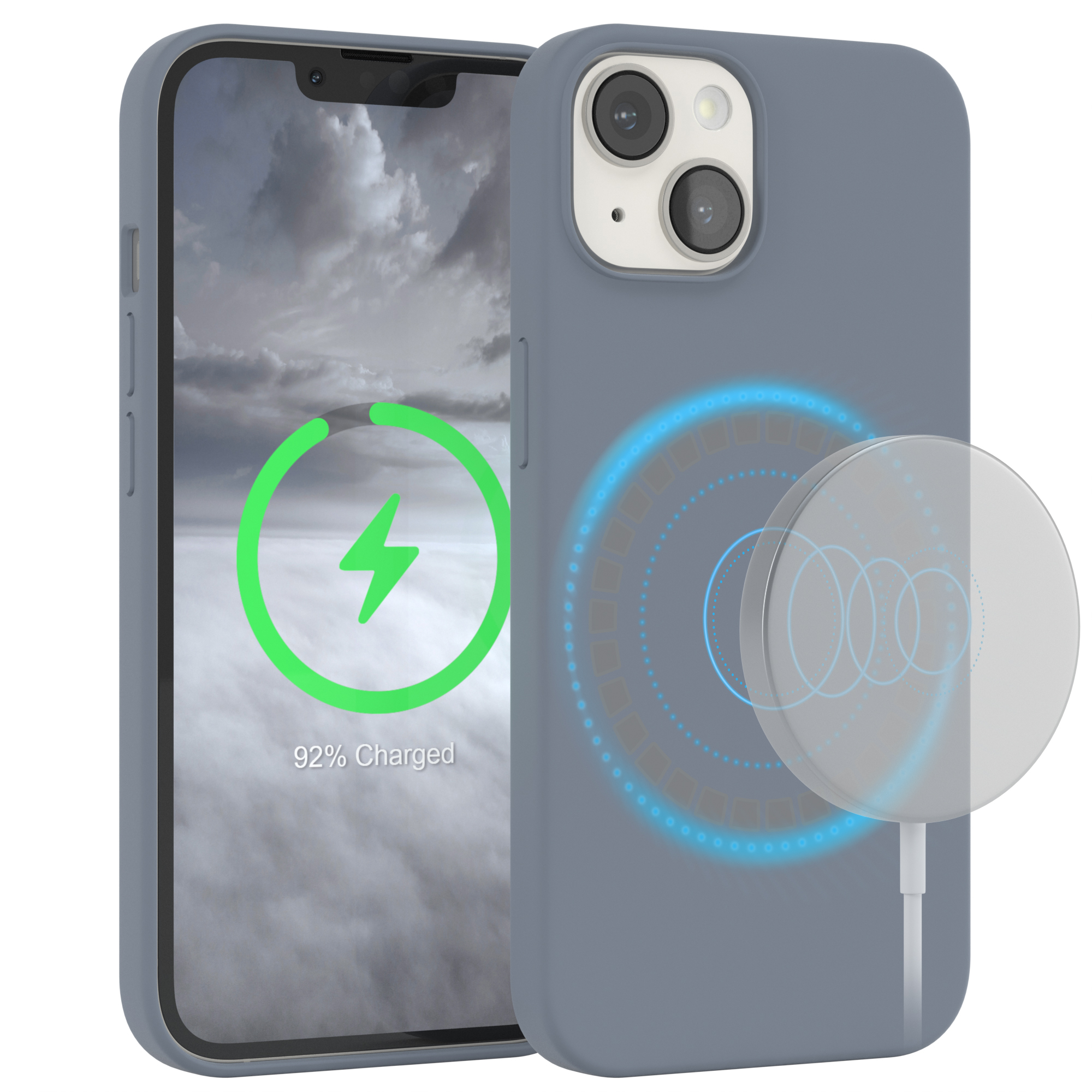 Telefon in grauem Gehäuse, lädt, 92% geladen. Ladegerät in der Nähe.