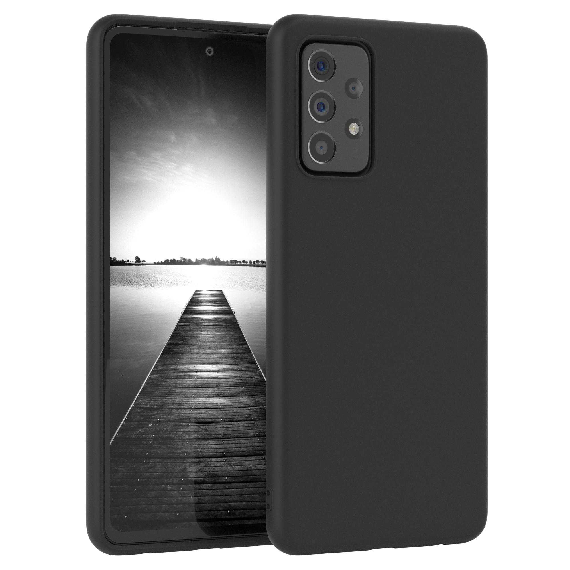 Schwarze Handyhülle mit Handy, das eine Schwarz-Weiß-Landschaft zeigt. Das Telefon befindet sich links.