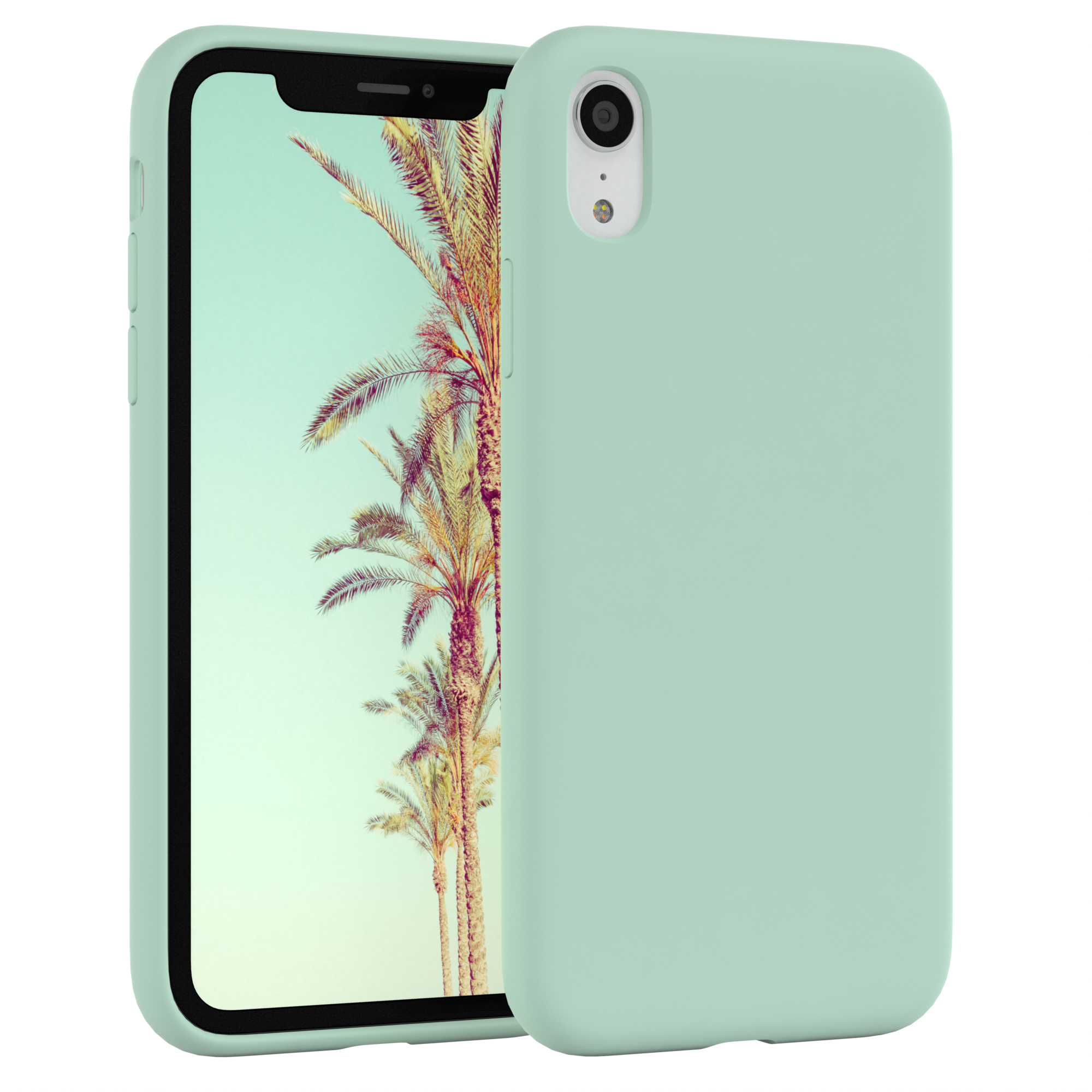 Mintgrüne Handyhülle. Telefon zeigt Palmen und blauen Himmel. Hülle rechts.