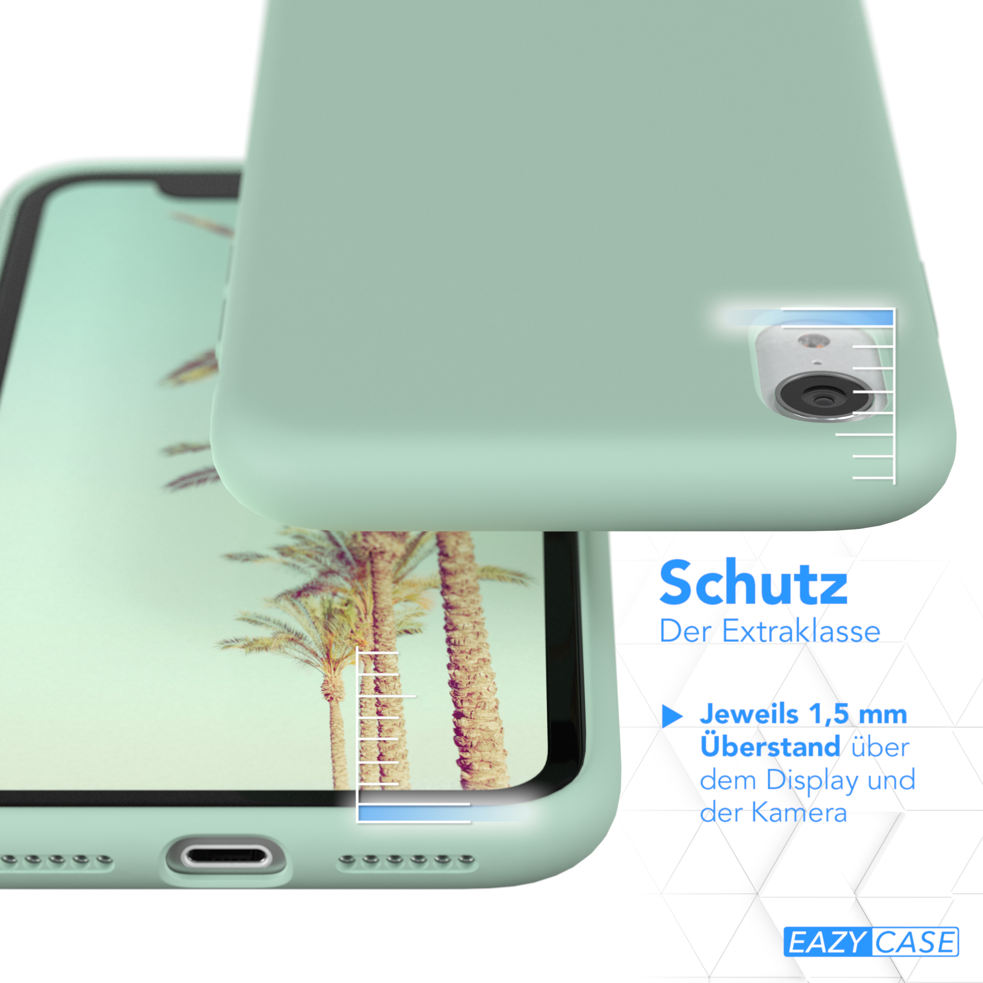 Telefon in mintgrüner Hülle, Kanten und Kameraschutzdetails zeigend.
