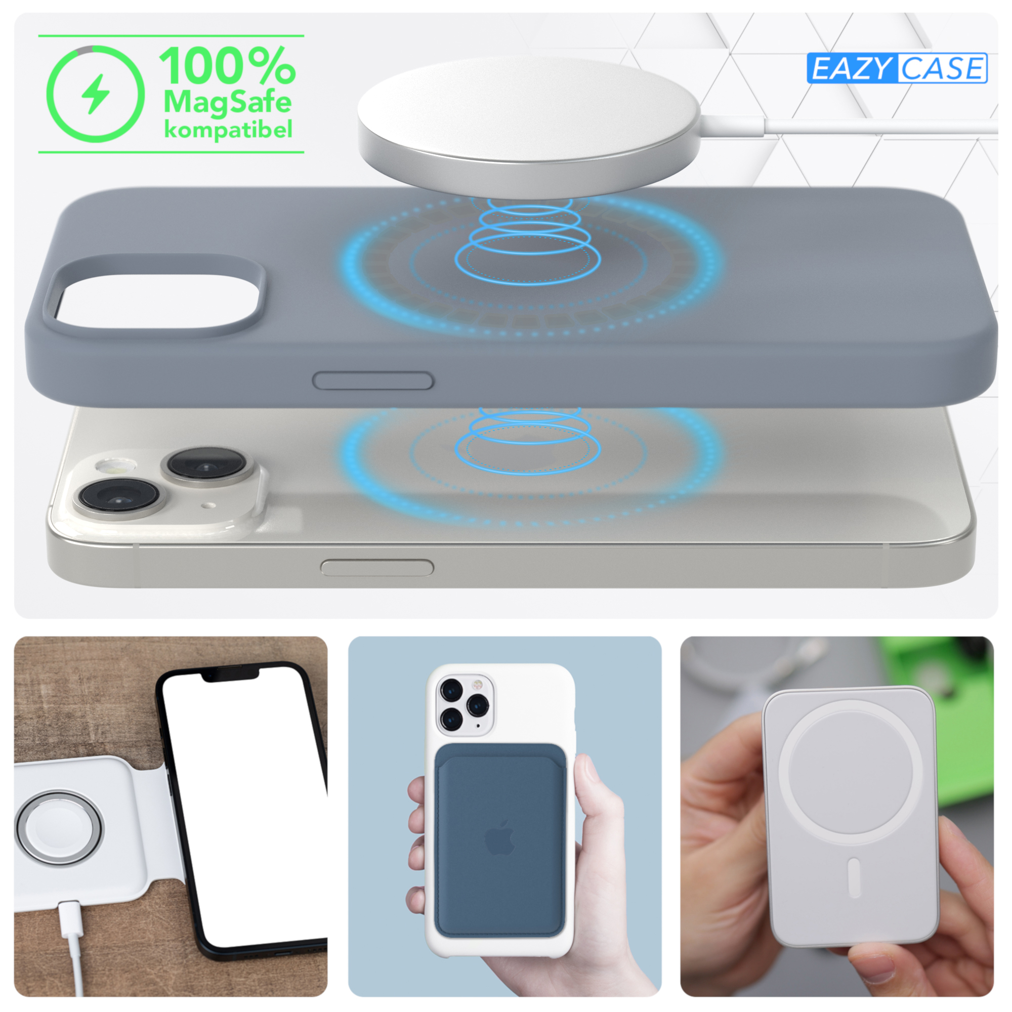 Telefonhülle mit MagSafe-Ladegerät. Das Telefon wird geladen. Bilder zeigen die Hülle und das Ladegerät.