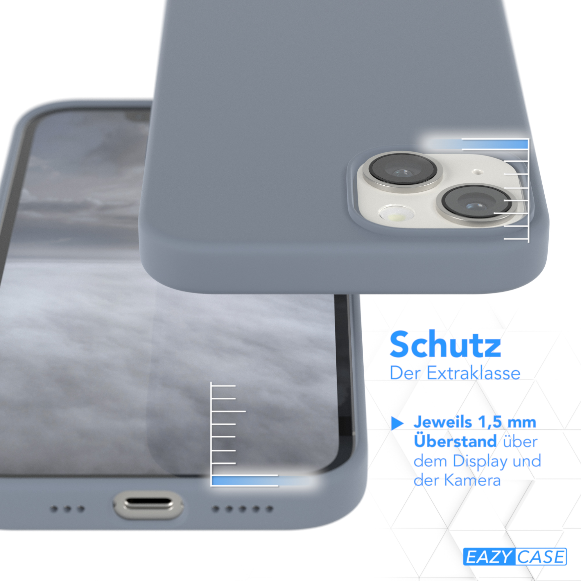 Nahaufnahme einer grauen Handyhülle. Das Telefon ist darin. Der Bildschirm ist weiß.