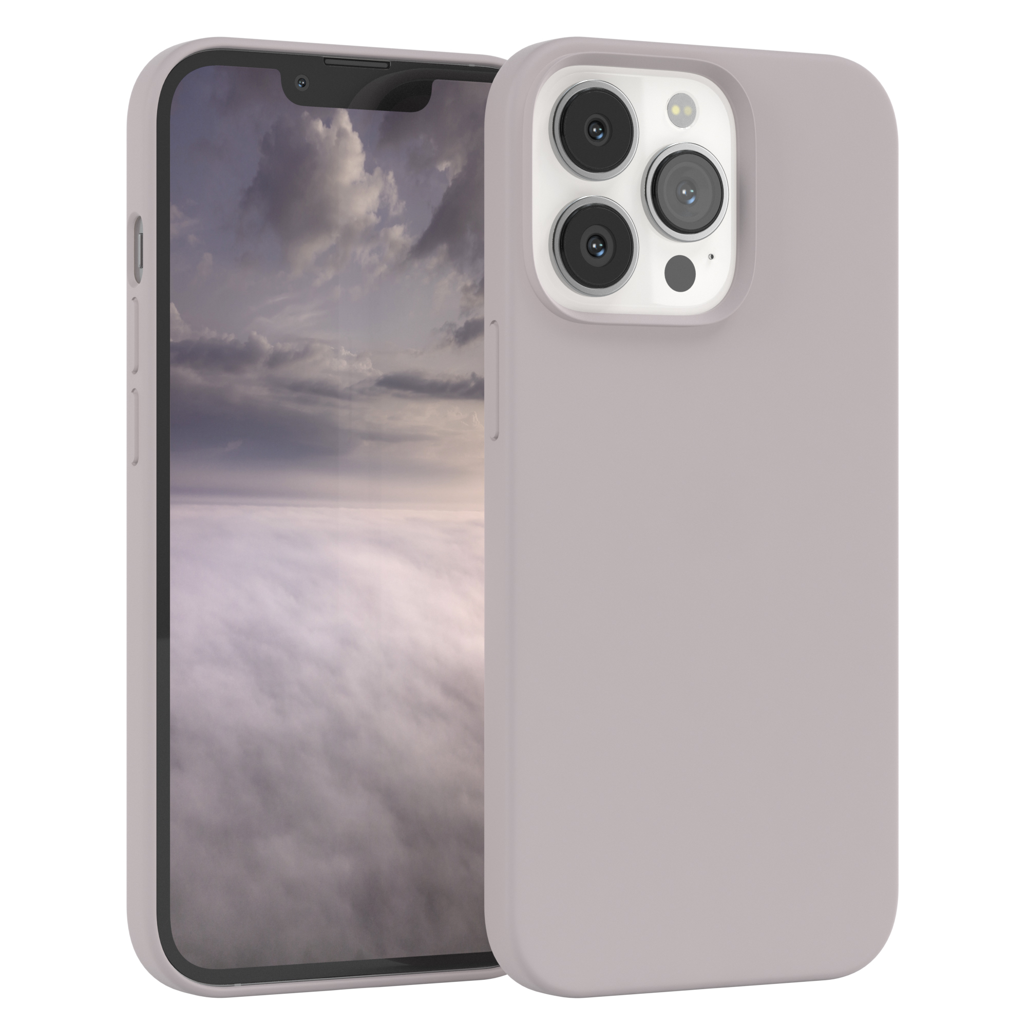 Eine hellviolette Handyhülle mit einem Handy, das einen bewölkten Himmel zeigt.