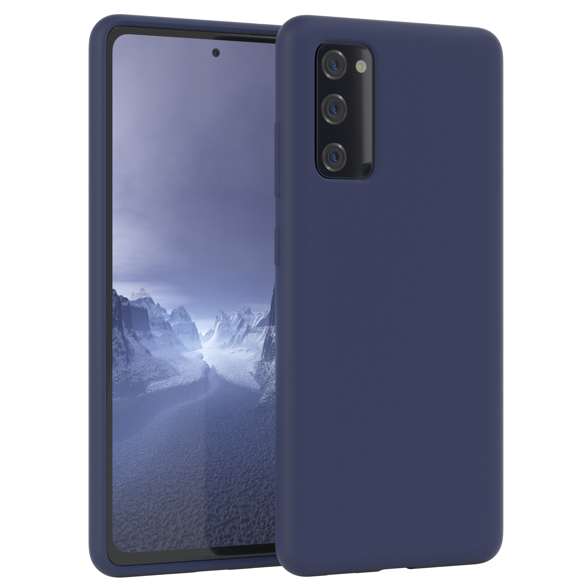 Marineblaues Telefon in einer marineblauen Hülle. Das Telefon befindet sich auf der rechten Seite.