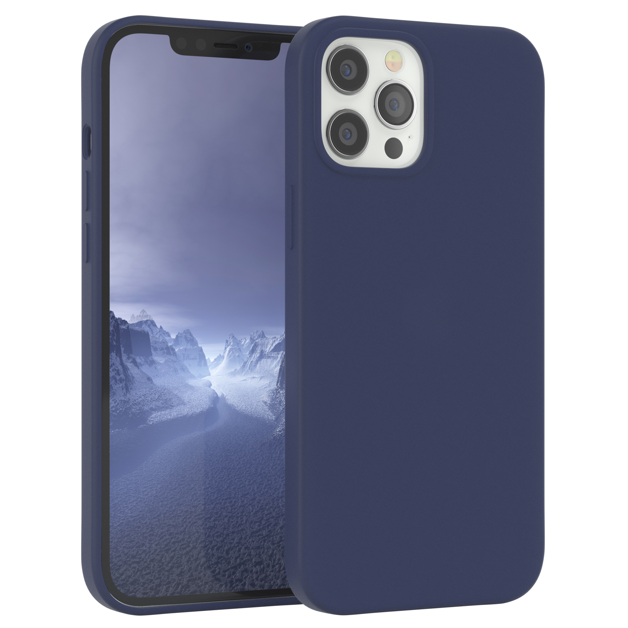 Dunkelblaue Handyhülle neben einem Telefon. Der Bildschirm hat einen dunkelblauen Hintergrund.