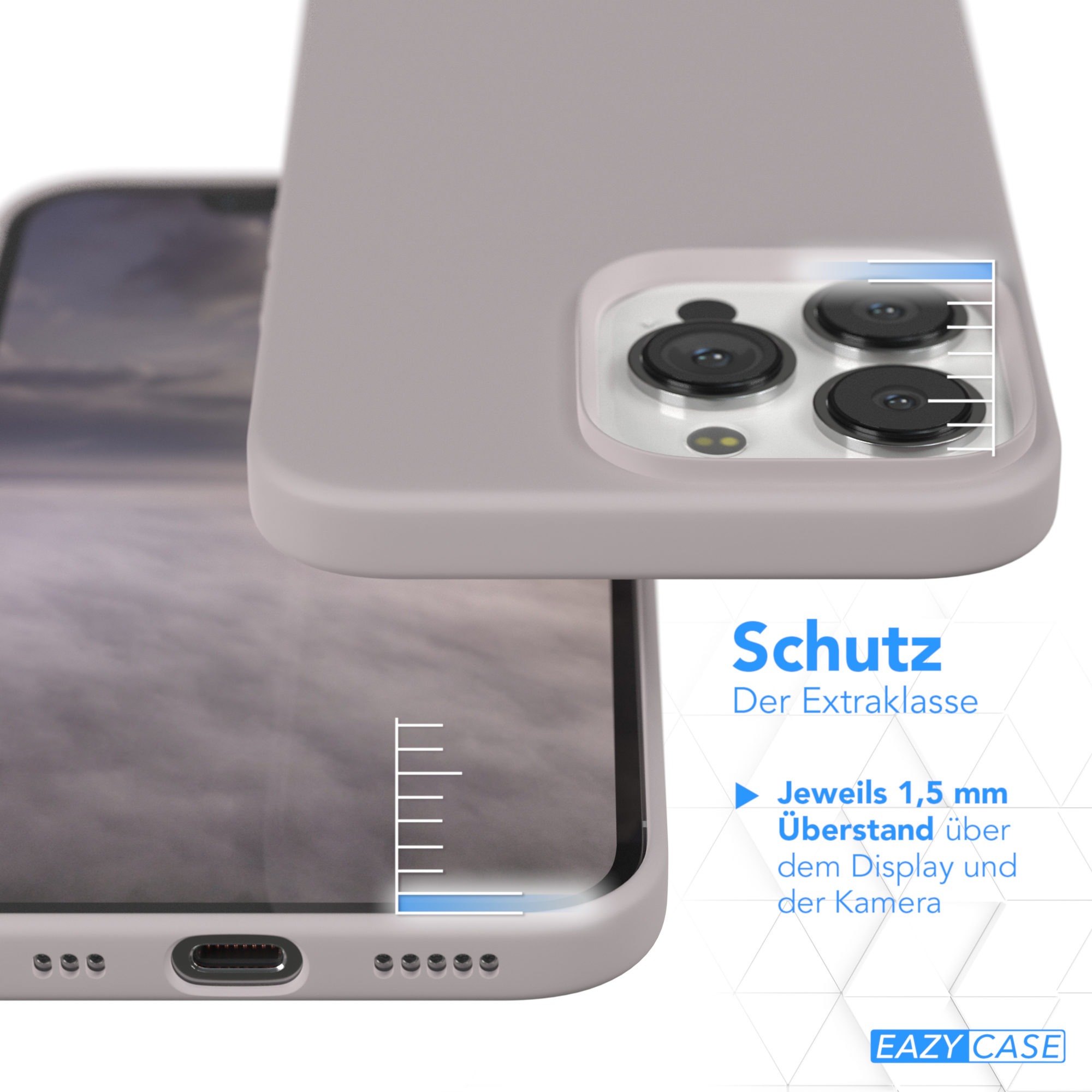Handyhülle mit Telefon. Graue Hülle mit Schutzbeschreibung.
