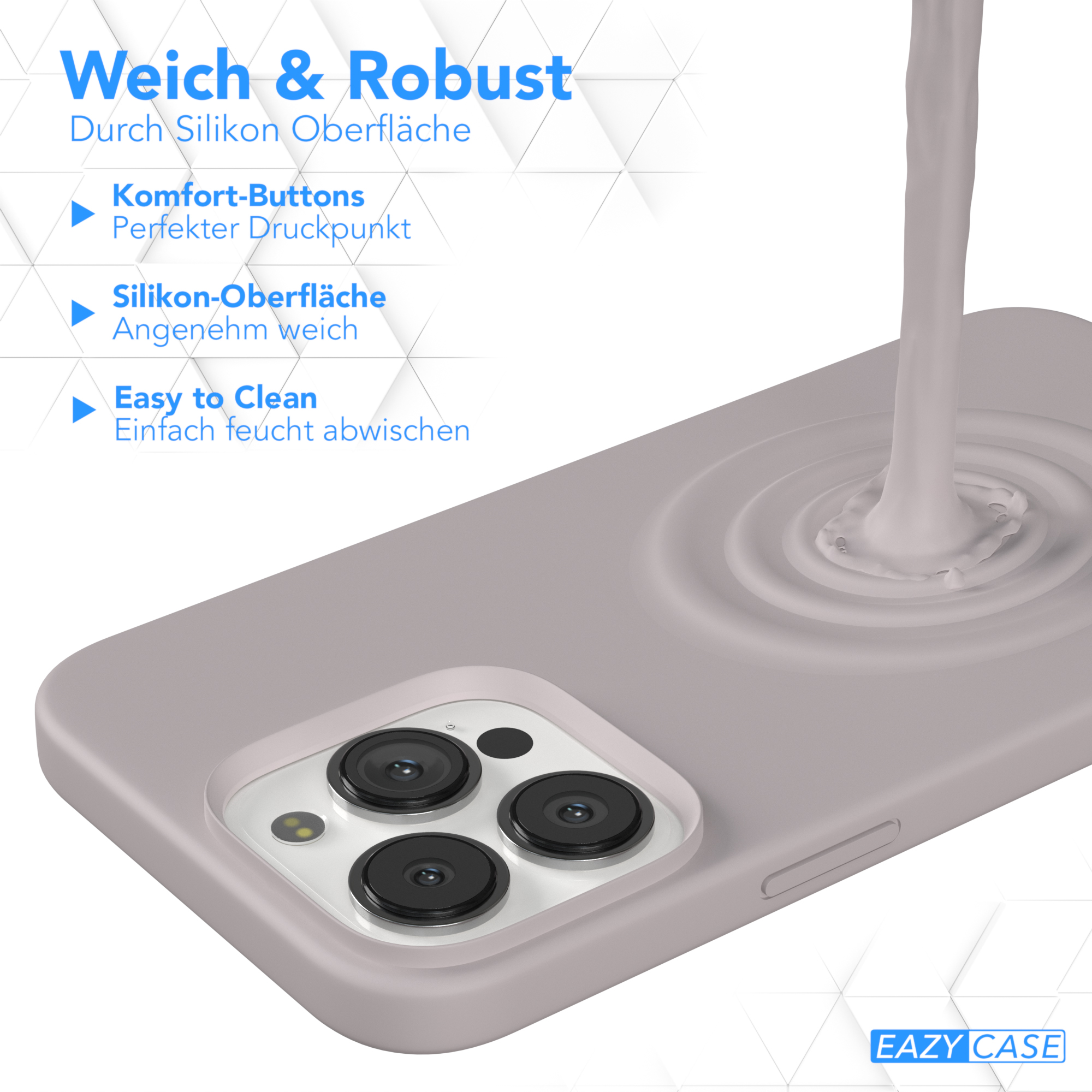 Handyhülle, hellgraue Farbe. Flüssigkeitsähnliche Substanz wird darüber gegossen.