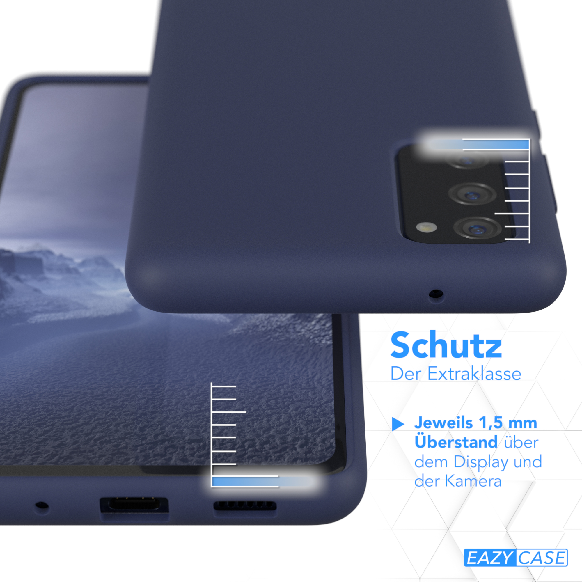 Blaue Handyhülle auf einem Telefon. Text: Schutz, Der Extraklasse, mit 1,5 mm Display- und Kameraschutz.
