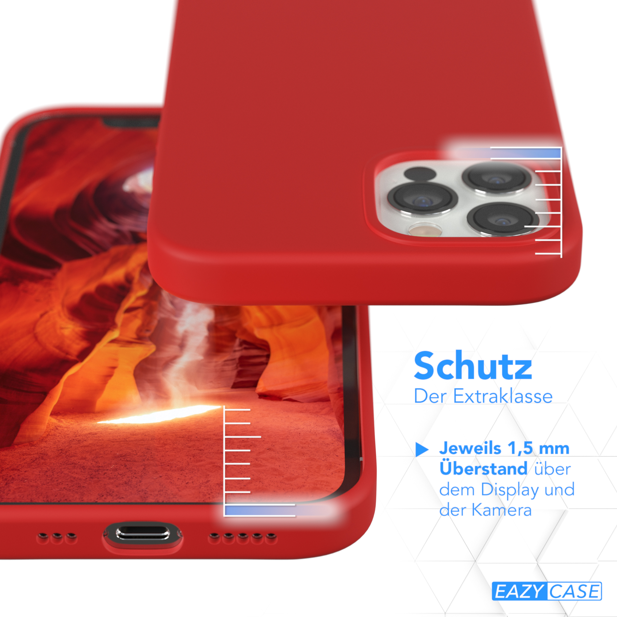 Rote Handyhülle auf einem Handy, mit Schutzdesign. Text und Lineal-Grafiken sind sichtbar.