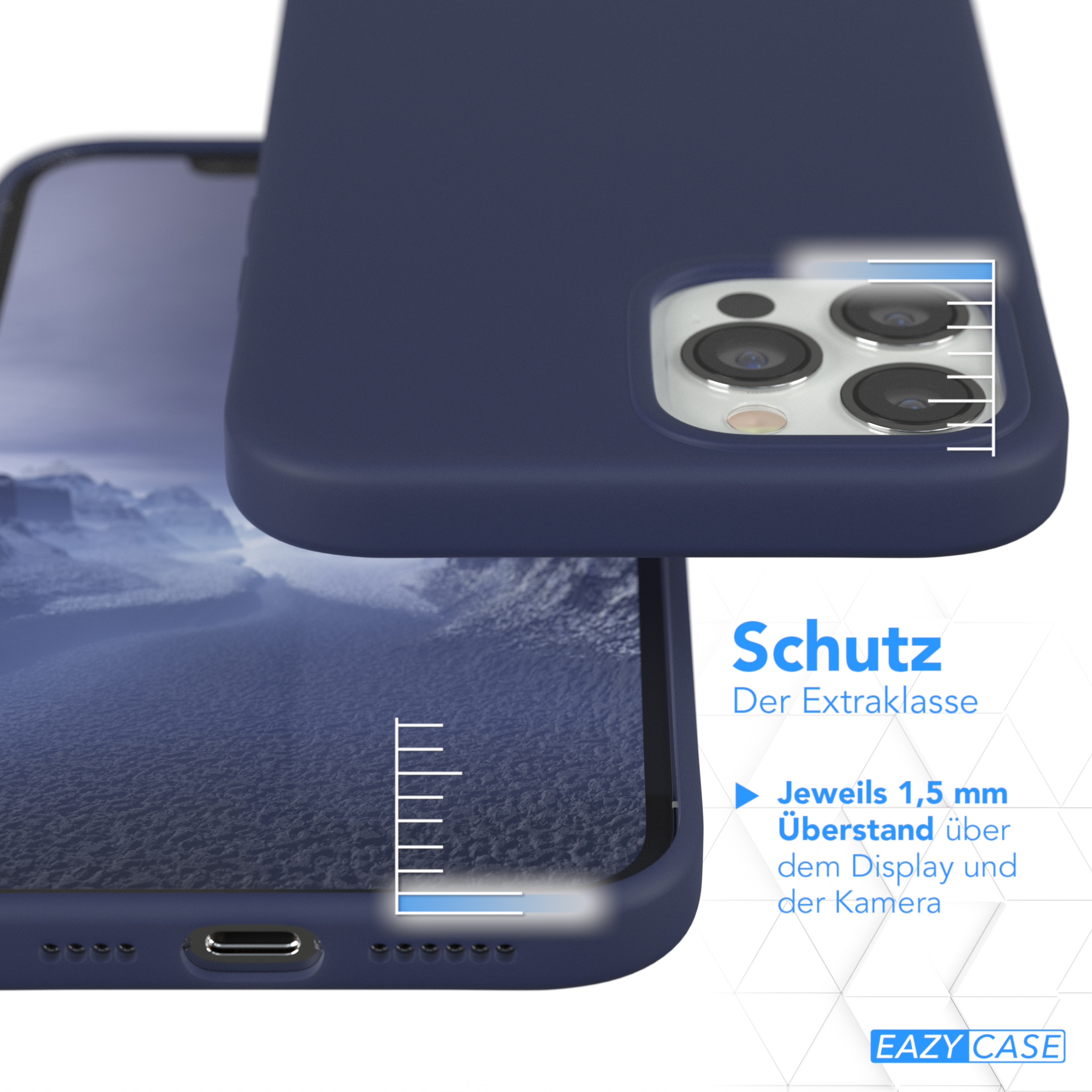 Dunkelblaue Handyhülle, schützt Telefon. Text: Schutz.